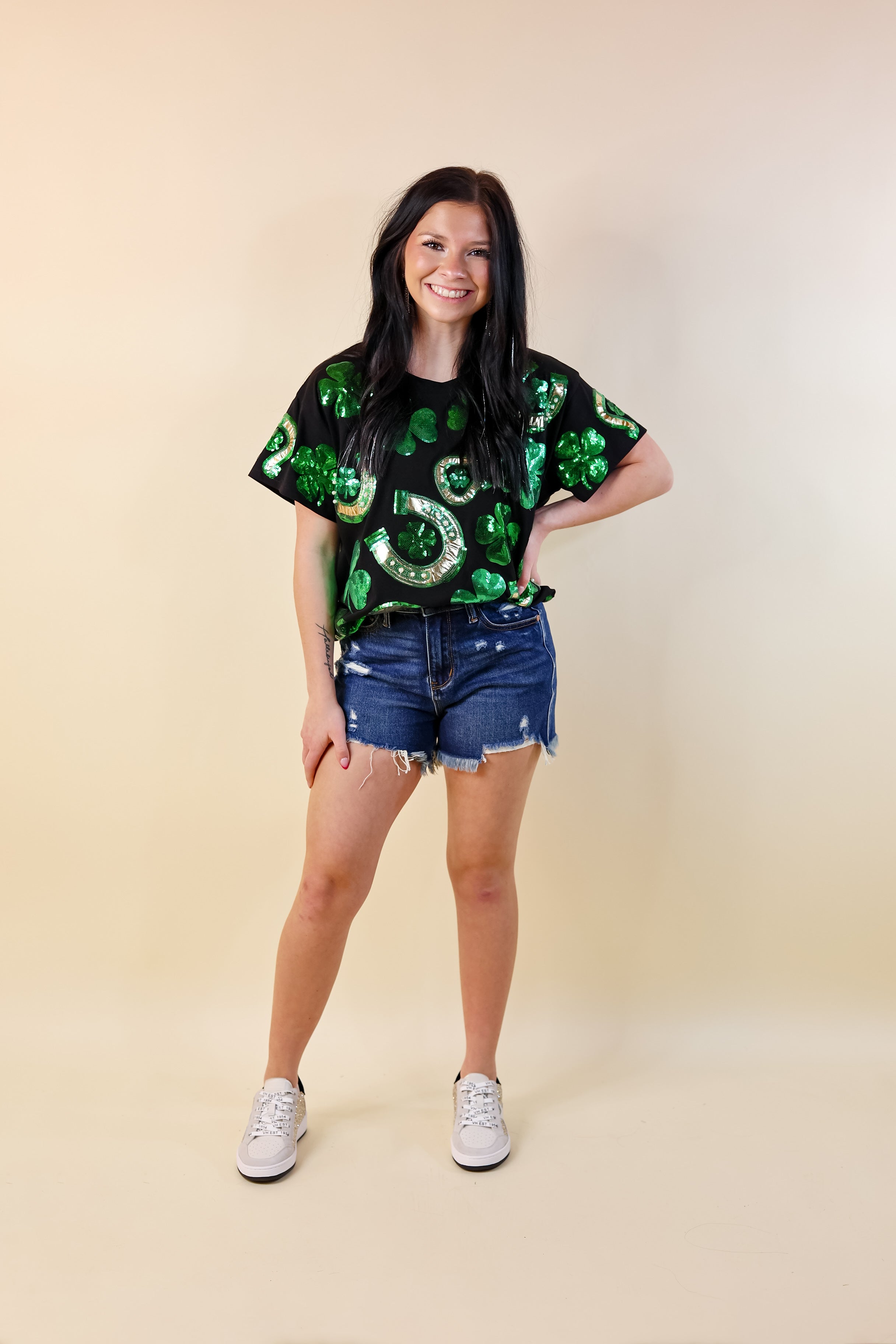 Queen Of Sparkles | Lucky Charm Fully Sequined Clover and Horseshoe Tee in Black - Giddy Up Glamour Boutique