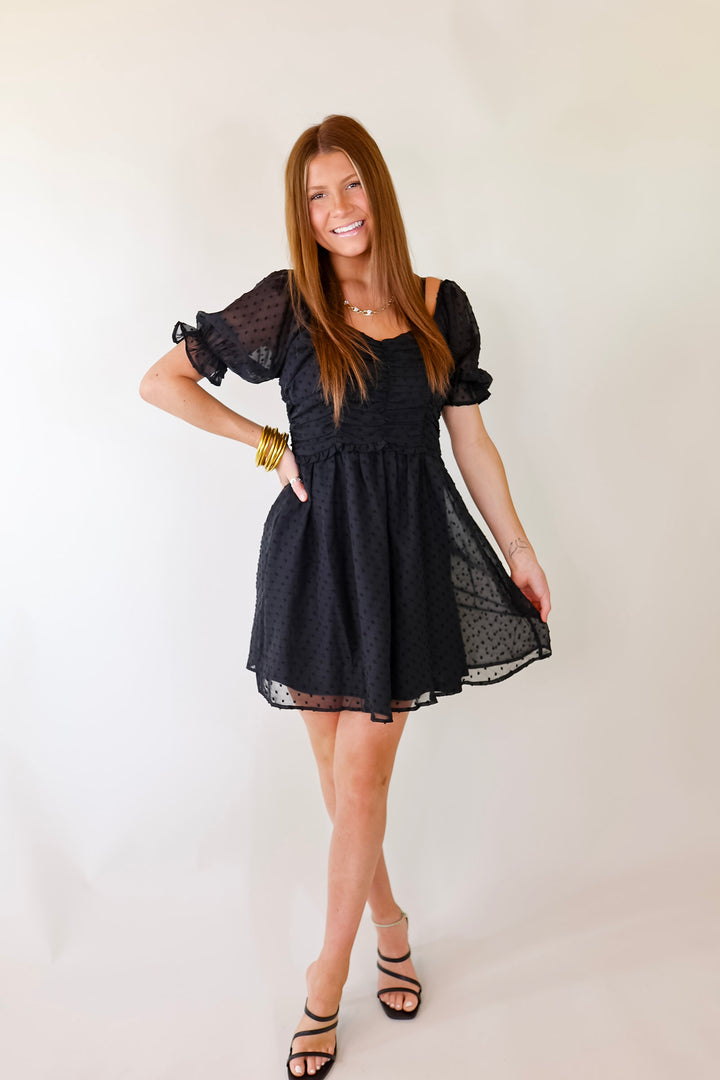 Favorite Adventure Swiss Dot Dress with Short Balloon Sleeves in Black - Giddy Up Glamour Boutique