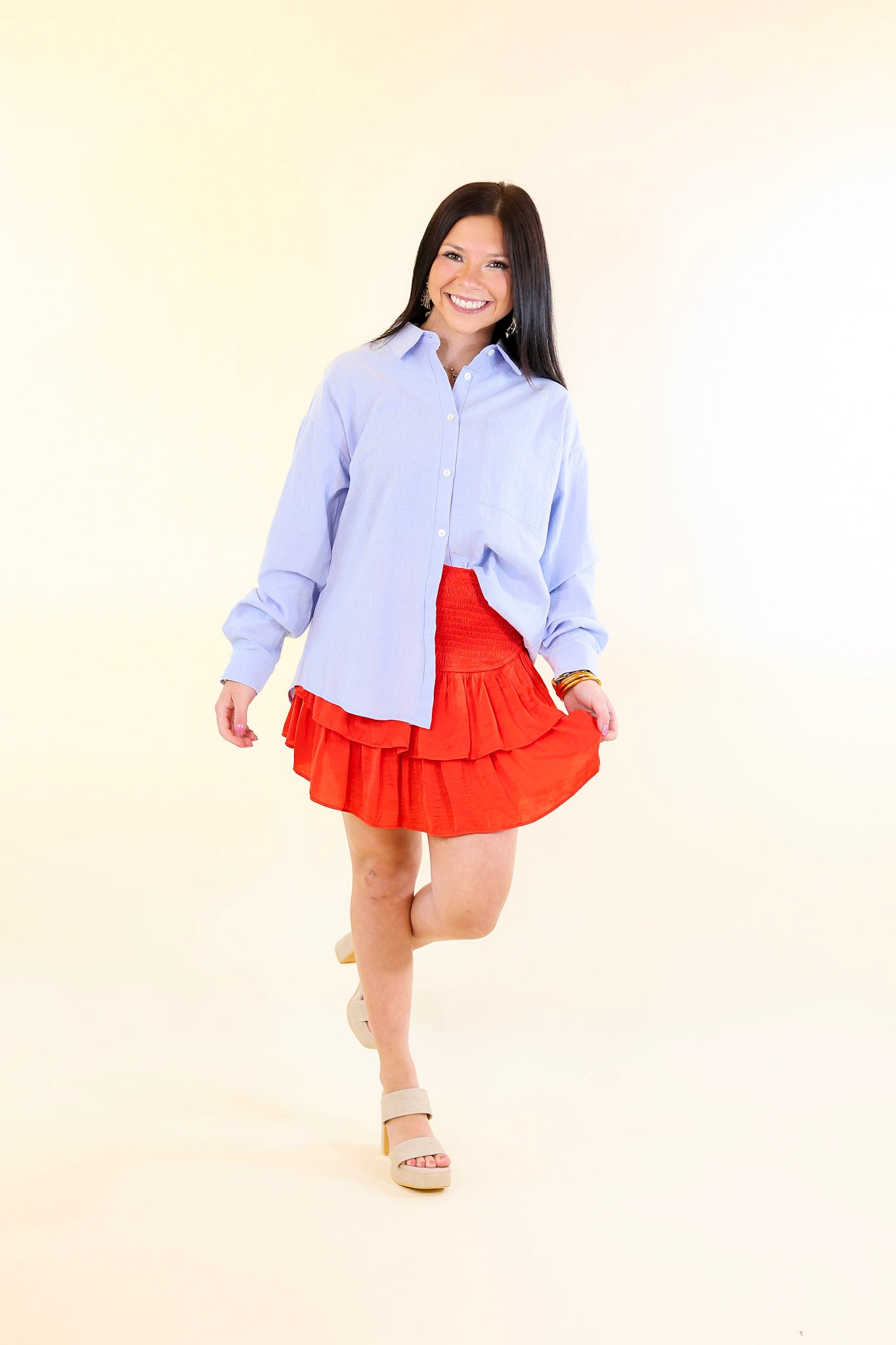 Don't Let Me Down Button Up Long Sleeve Top in Sky Blue