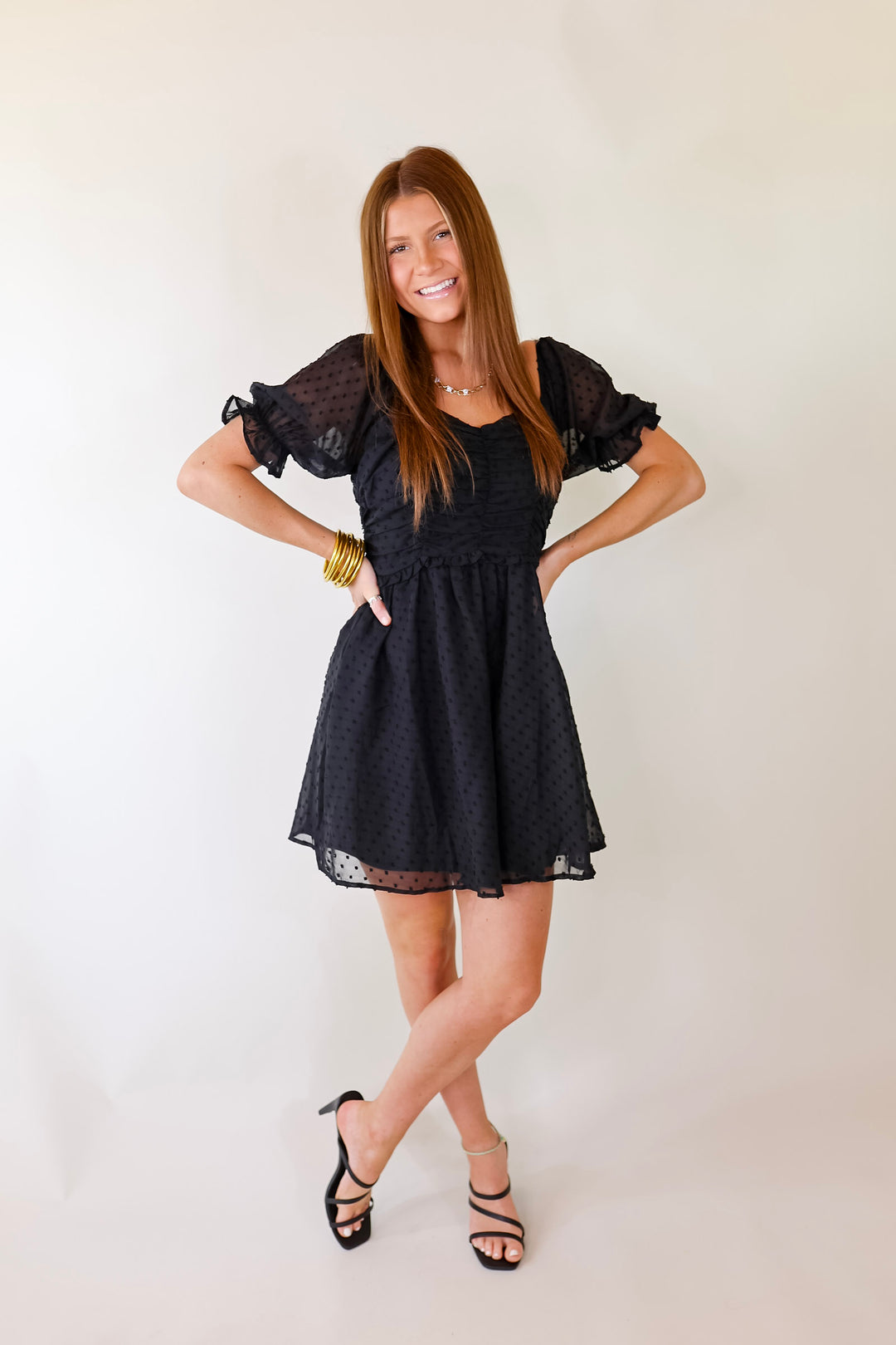 Favorite Adventure Swiss Dot Dress with Short Balloon Sleeves in Black - Giddy Up Glamour Boutique