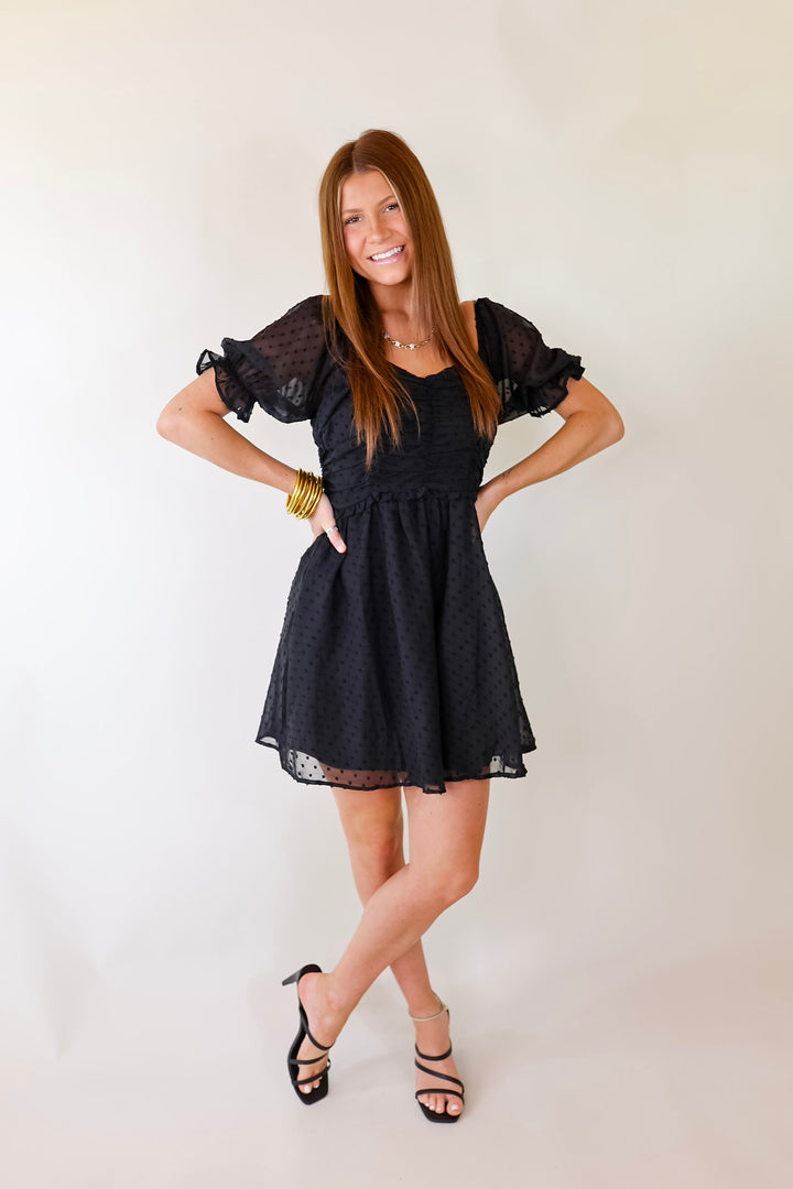 Favorite Adventure Swiss Dot Dress with Short Balloon Sleeves in Black - Giddy Up Glamour Boutique