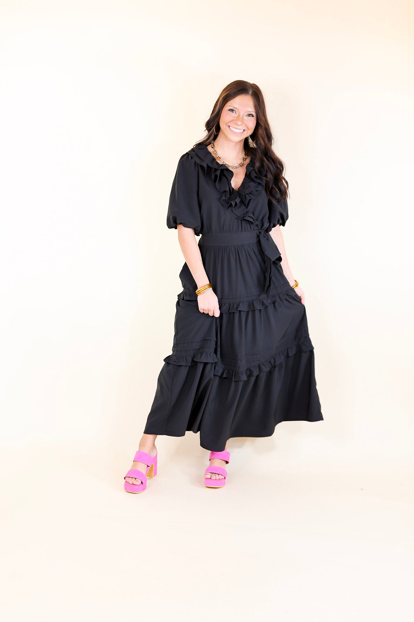 Tied With Charm Ruffle Tiered Midi Dress with Bow in Black