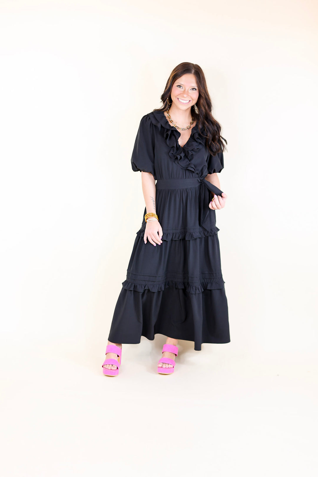 Tied With Charm Ruffle Tiered Midi Dress with Bow in Black