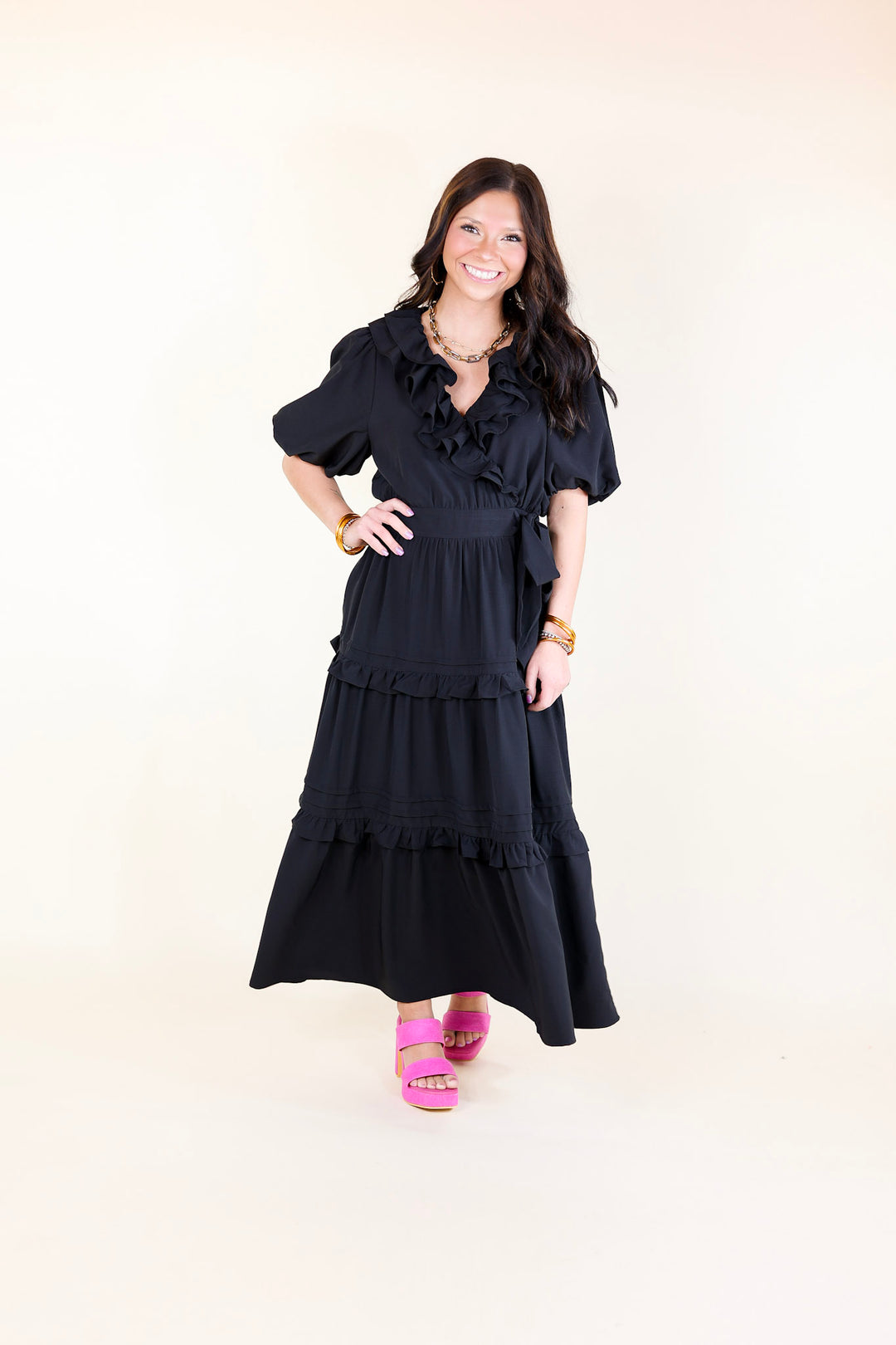 Tied With Charm Ruffle Tiered Midi Dress with Bow in Black
