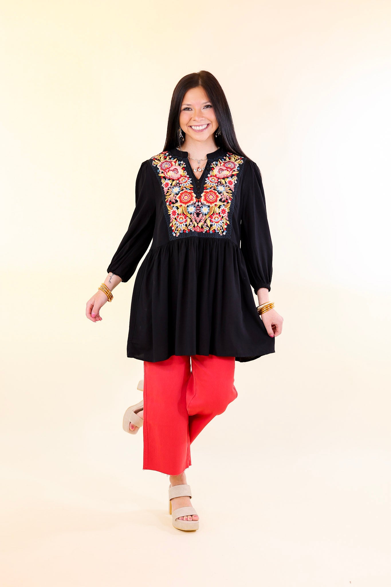 You're Invited Floral Embroidered Yoke Babydoll Top in Black