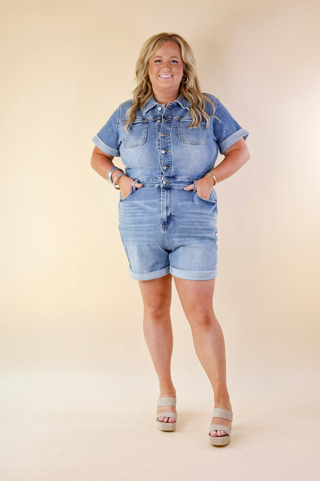 Judy Blue | Sunshine Serenade Short Sleeve Denim Romper in Medium Wash - Giddy Up Glamour Boutique