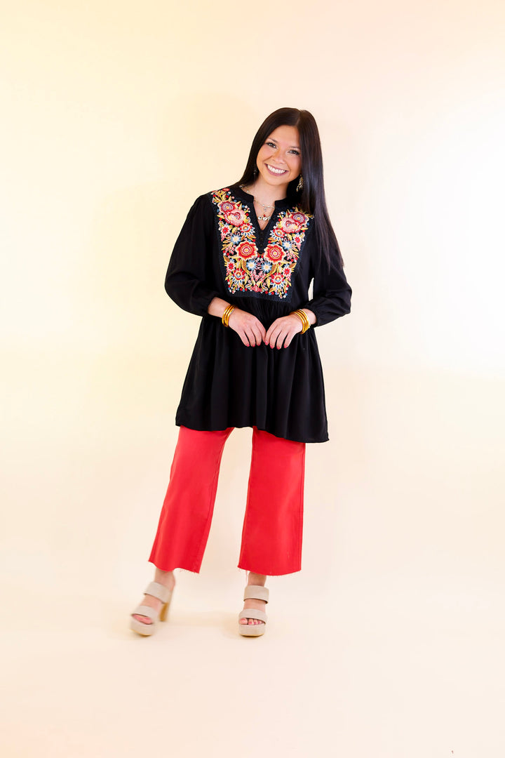 You're Invited Floral Embroidered Yoke Babydoll Top in Black