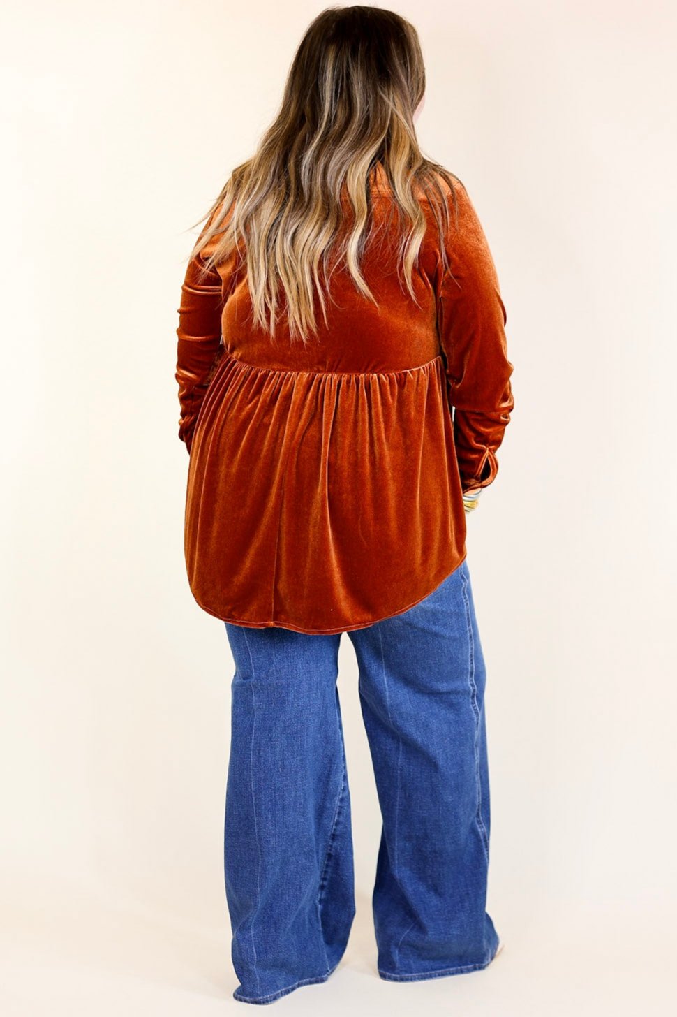 Call Me Yours Button Up Velvet Long Sleeve Babydoll Tunic Top in Burnt Orange