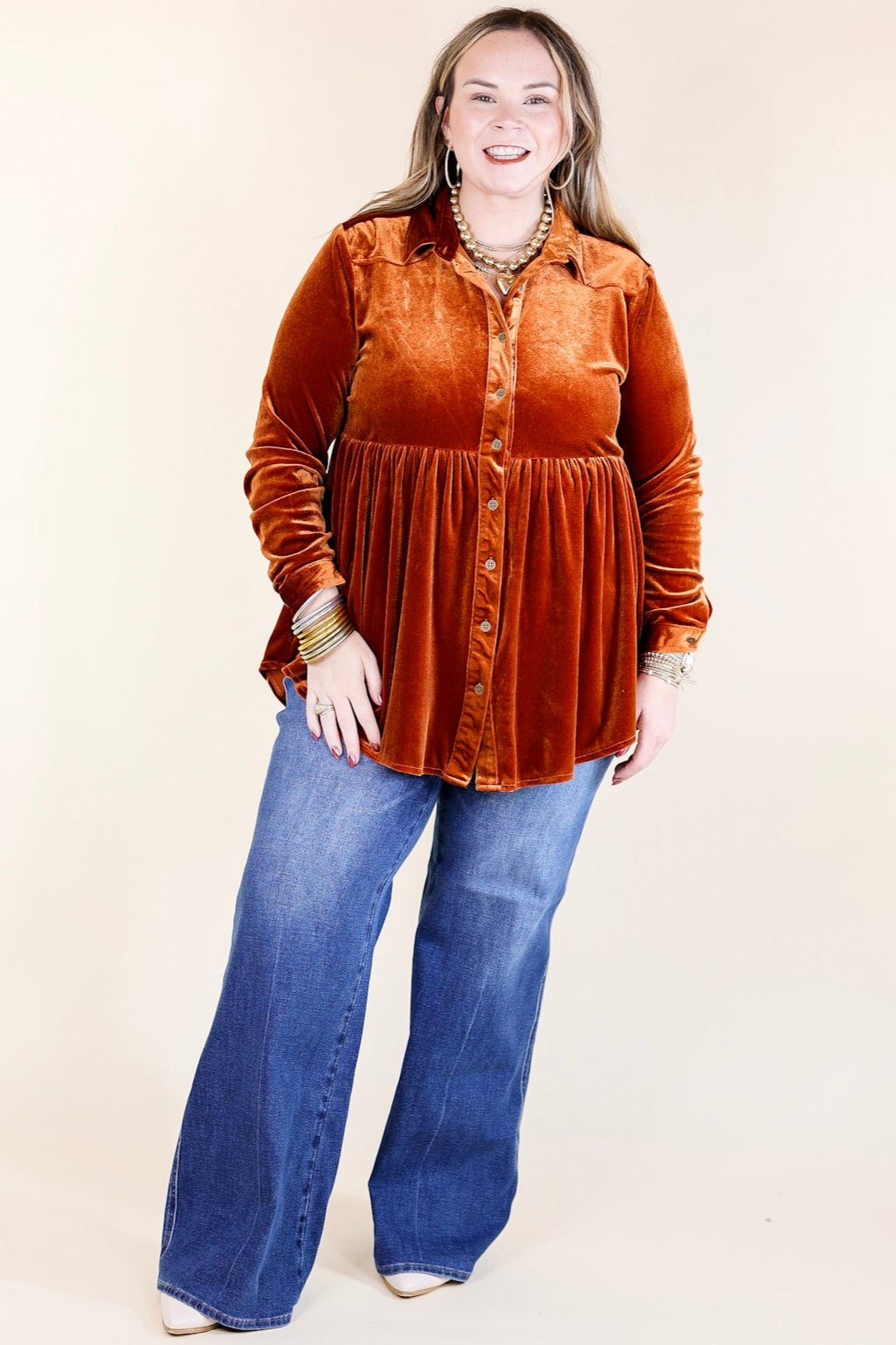 Call Me Yours Button Up Velvet Long Sleeve Babydoll Tunic Top in Burnt Orange
