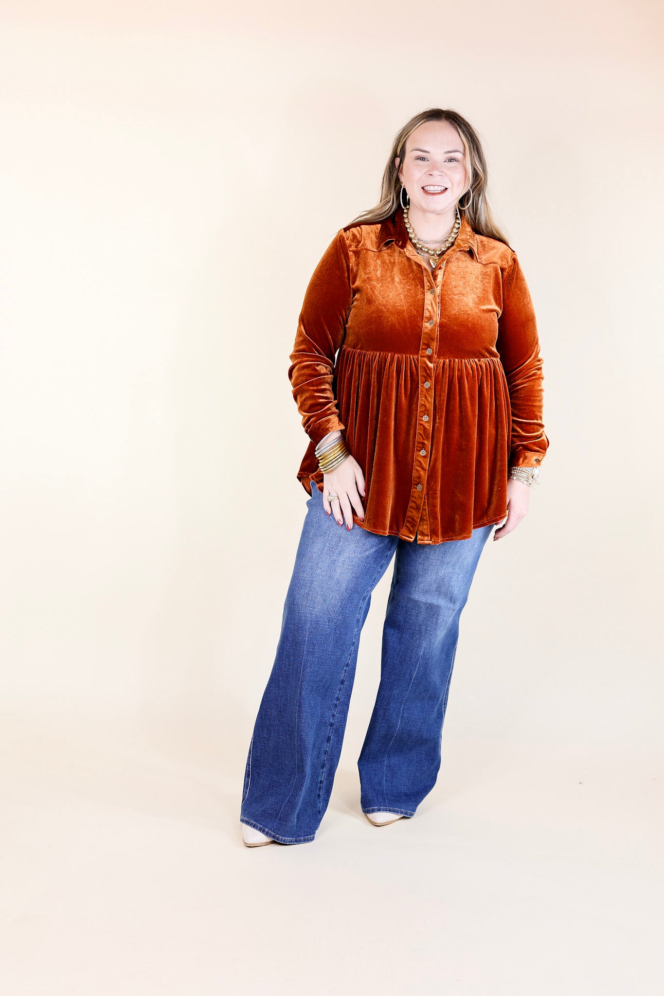 Call Me Yours Button Up Velvet Long Sleeve Babydoll Tunic Top in Burnt Orange