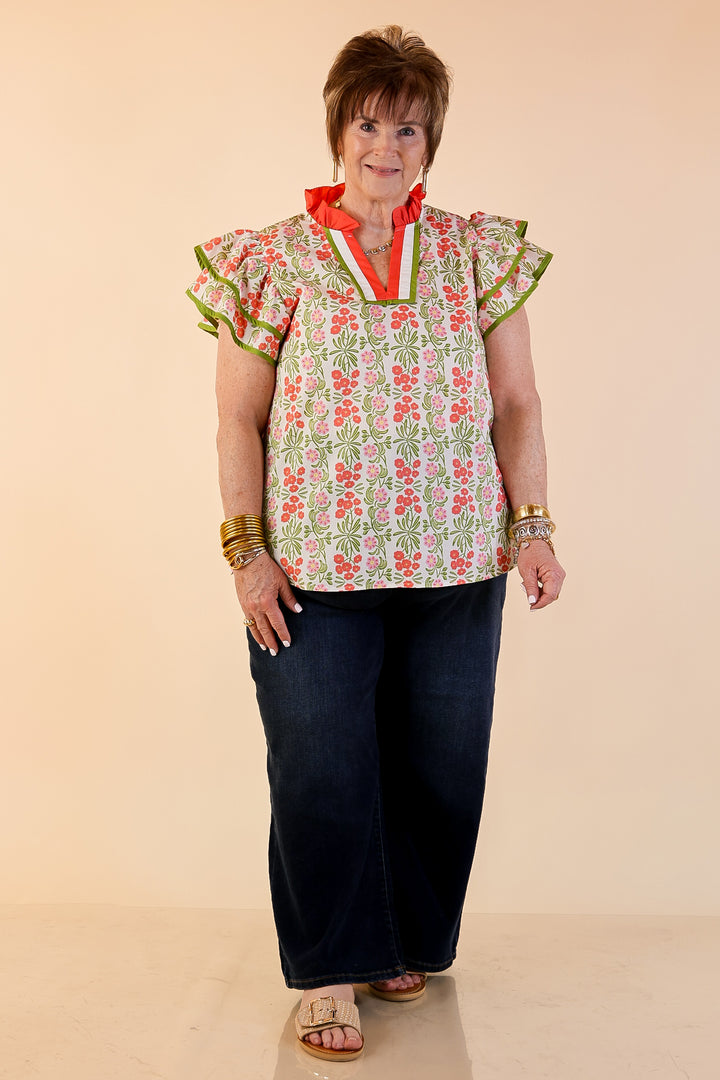 Blooming Outlook Floral Top with Ruffle Cap Sleeves and Contrast Trim Detail in Coral, Pink and Green