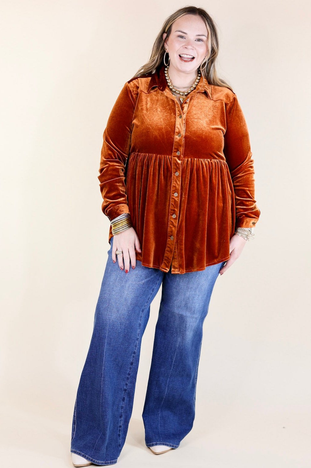 Call Me Yours Button Up Velvet Long Sleeve Babydoll Tunic Top in Burnt Orange