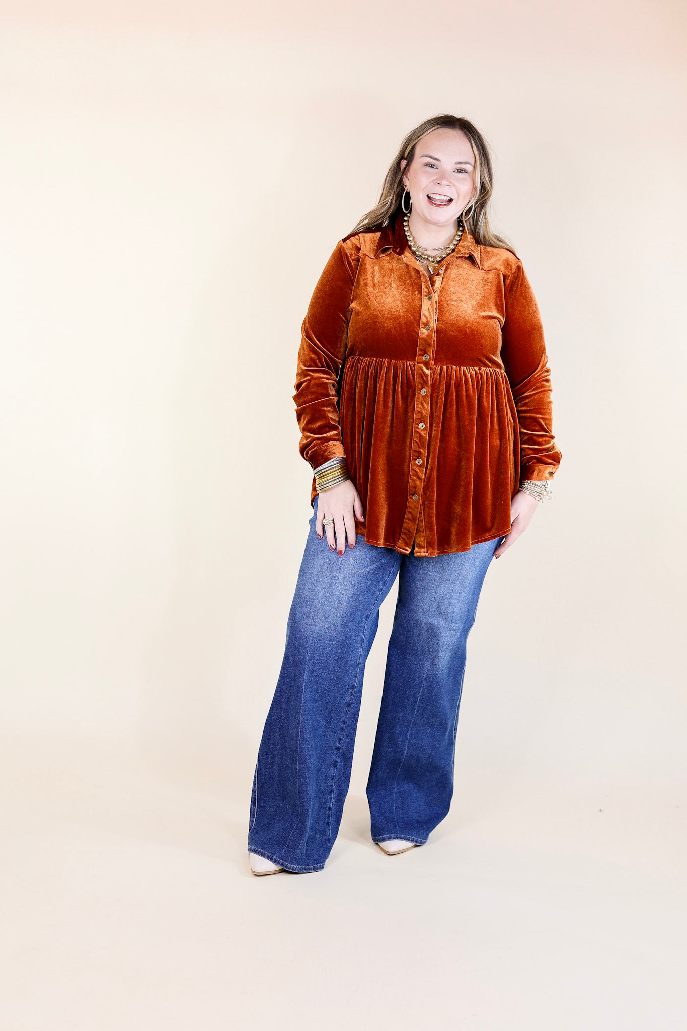 Call Me Yours Button Up Velvet Long Sleeve Babydoll Tunic Top in Burnt Orange