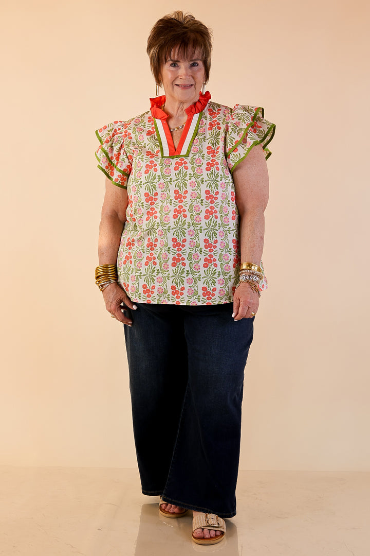 Blooming Outlook Floral Top with Ruffle Cap Sleeves and Contrast Trim Detail in Coral, Pink and Green