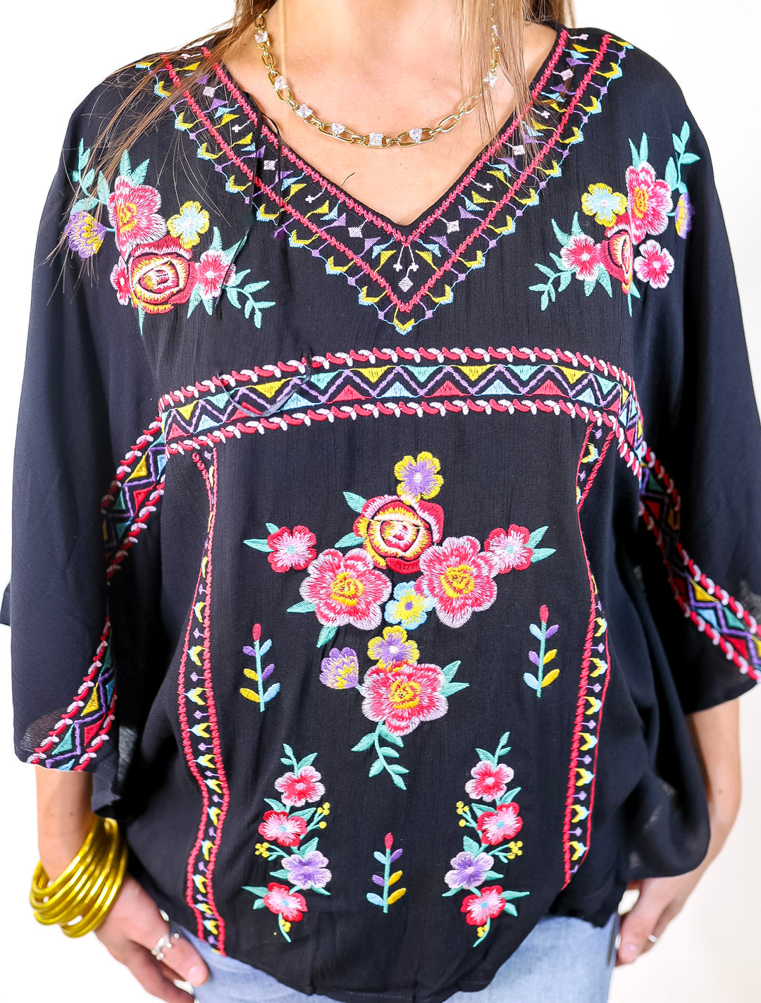 Beautiful Borders Half Sleeve V Neck Floral Embroidered Top in Black - Giddy Up Glamour Boutique