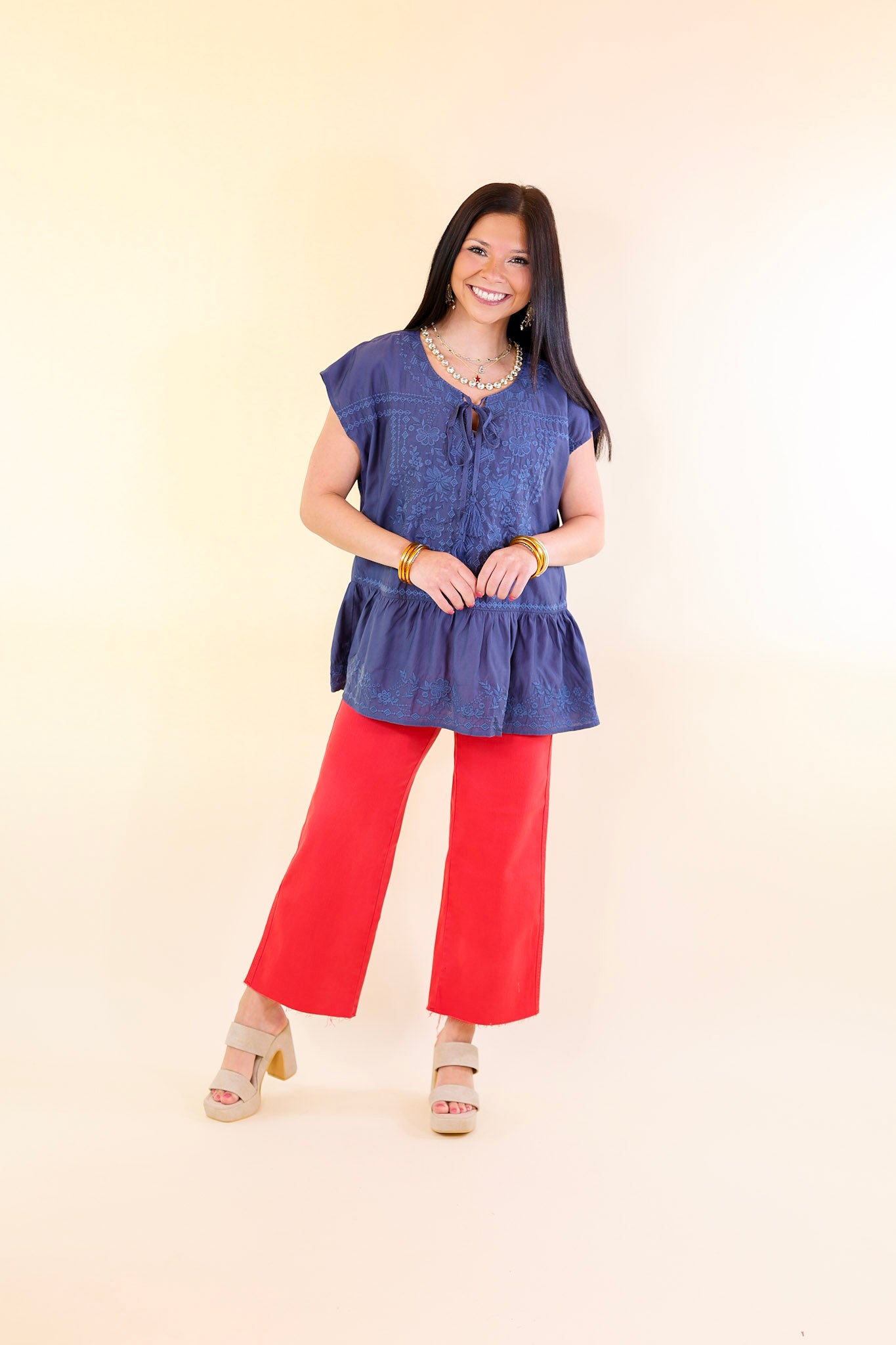 Craving Sunshine Embroidered Cap Sleeve Top with Keyhole in Navy