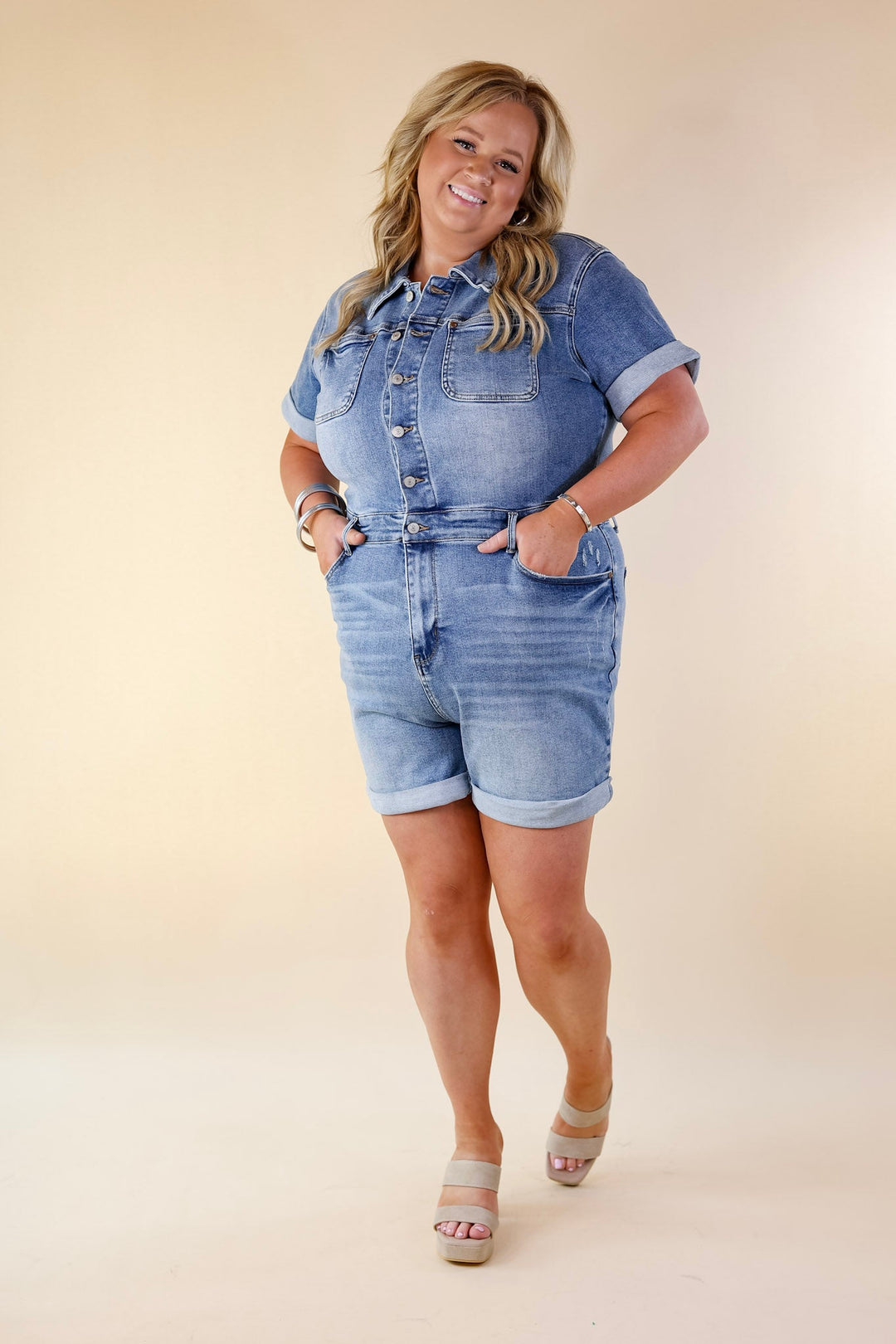 Judy Blue | Sunshine Serenade Short Sleeve Denim Romper in Medium Wash - Giddy Up Glamour Boutique