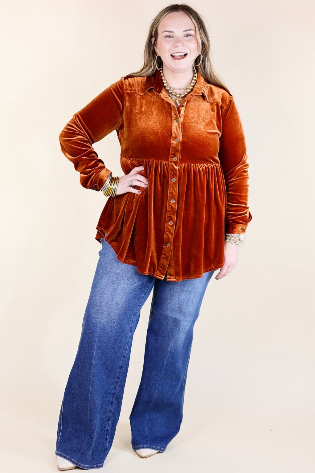 Call Me Yours Button Up Velvet Long Sleeve Babydoll Tunic Top in Burnt Orange