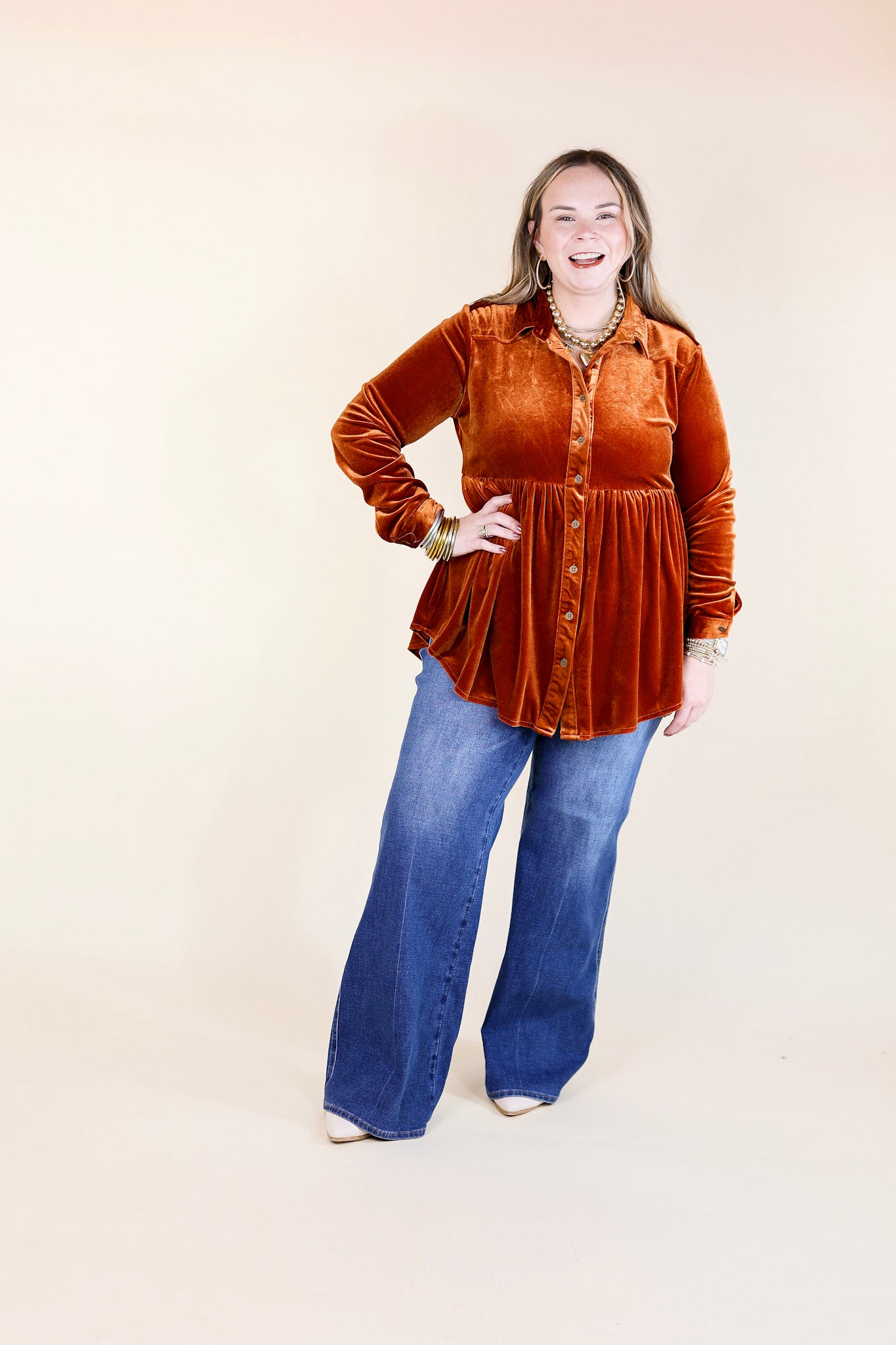 Call Me Yours Button Up Velvet Long Sleeve Babydoll Tunic Top in Burnt Orange