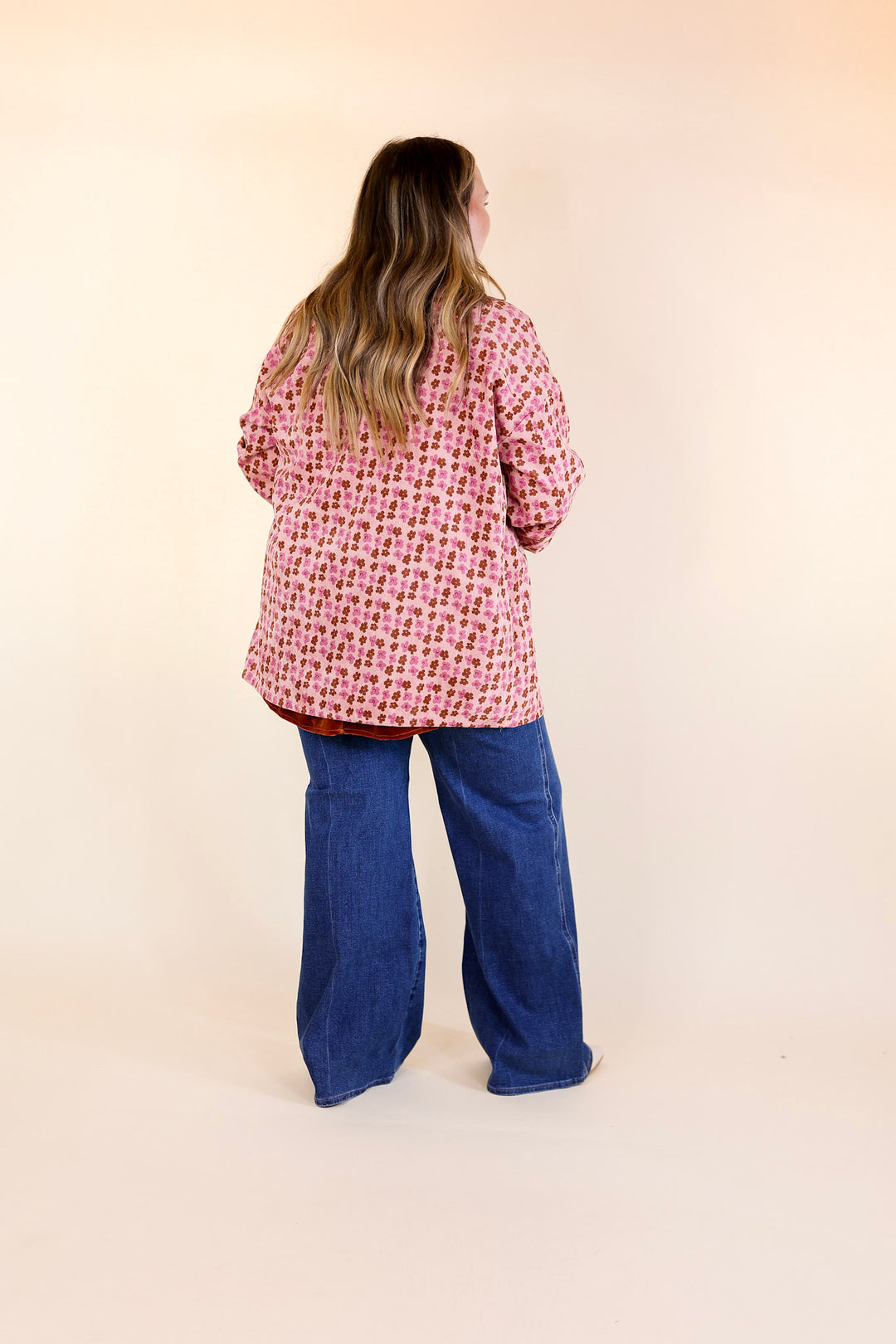Autumn Brunch Floral Print Corduroy Shacket in Dusty Pink