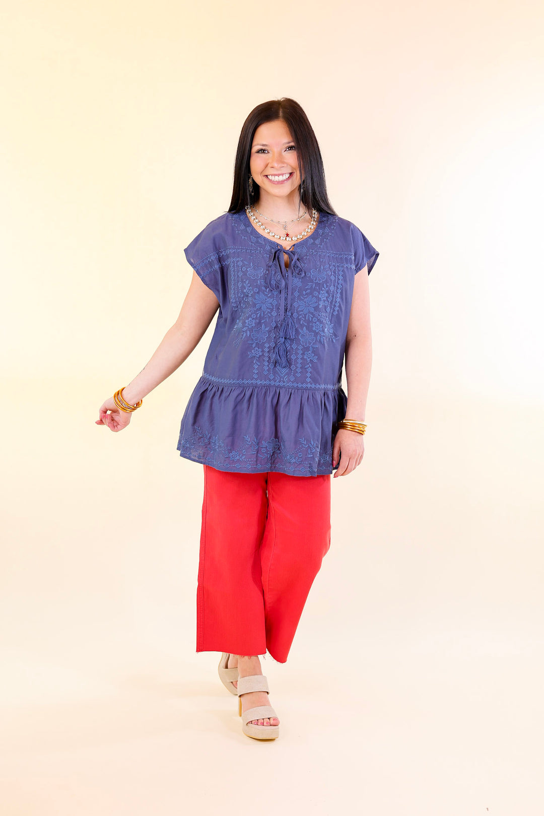Craving Sunshine Embroidered Cap Sleeve Top with Keyhole in Navy
