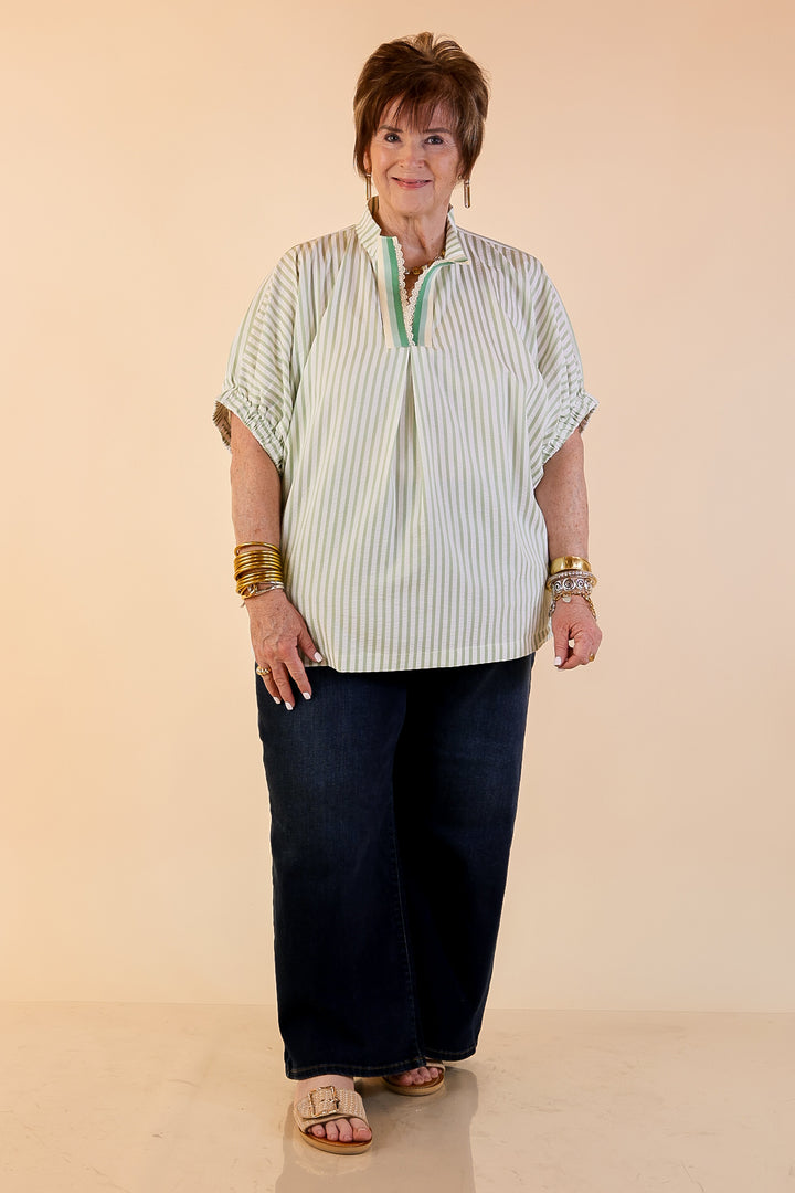 Naturally Stylish Striped Poncho Top with Lace Trim Details and Dolman Sleeves in Sage Green