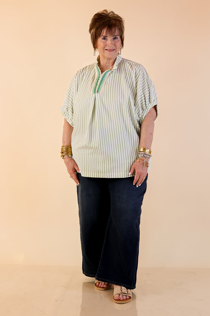 Naturally Stylish Striped Poncho Top with Lace Trim Details and Dolman Sleeves in Sage Green