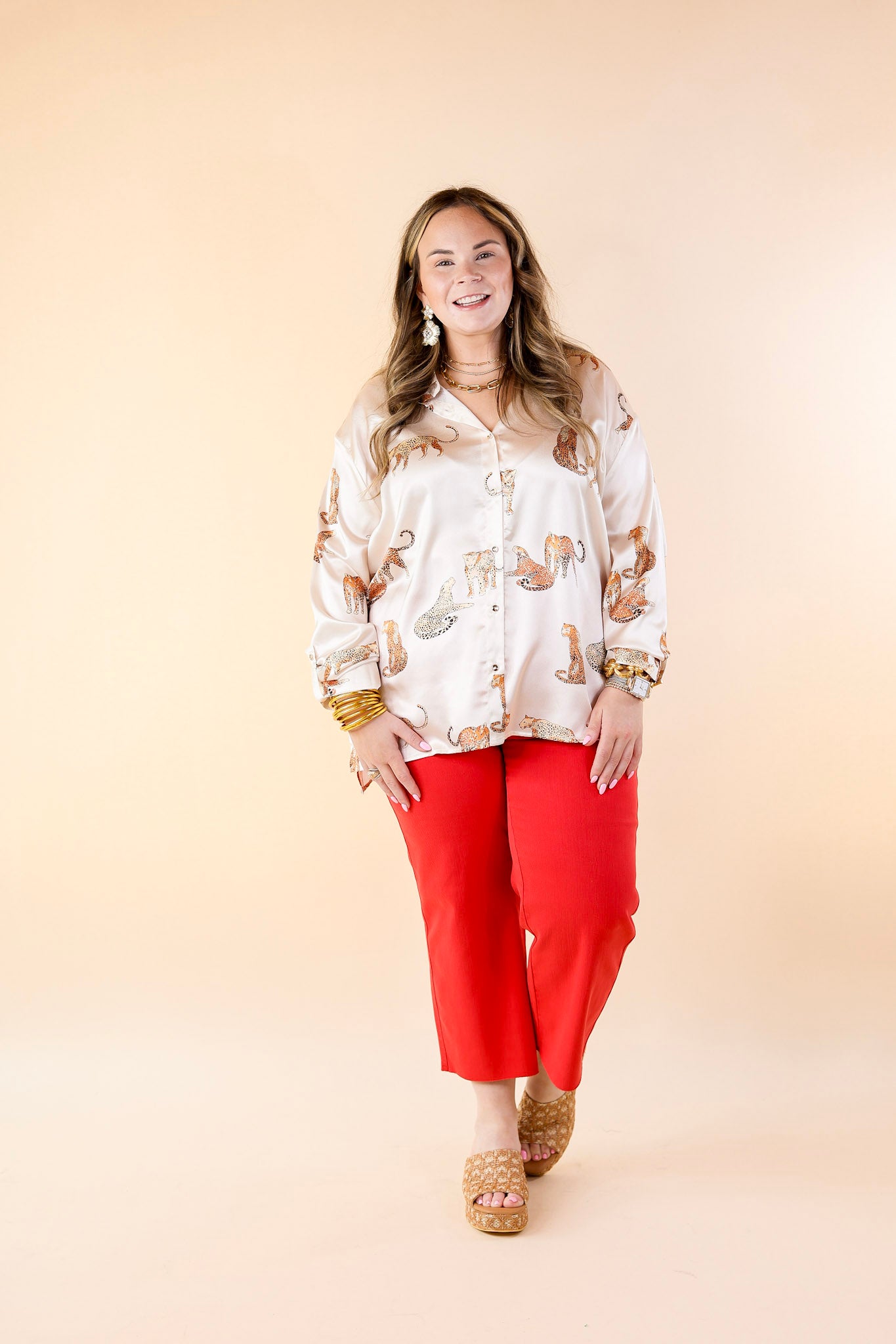 Wild For You Button Up Cheetah Print Top with Long Sleeves in Ivory - Giddy Up Glamour Boutique
