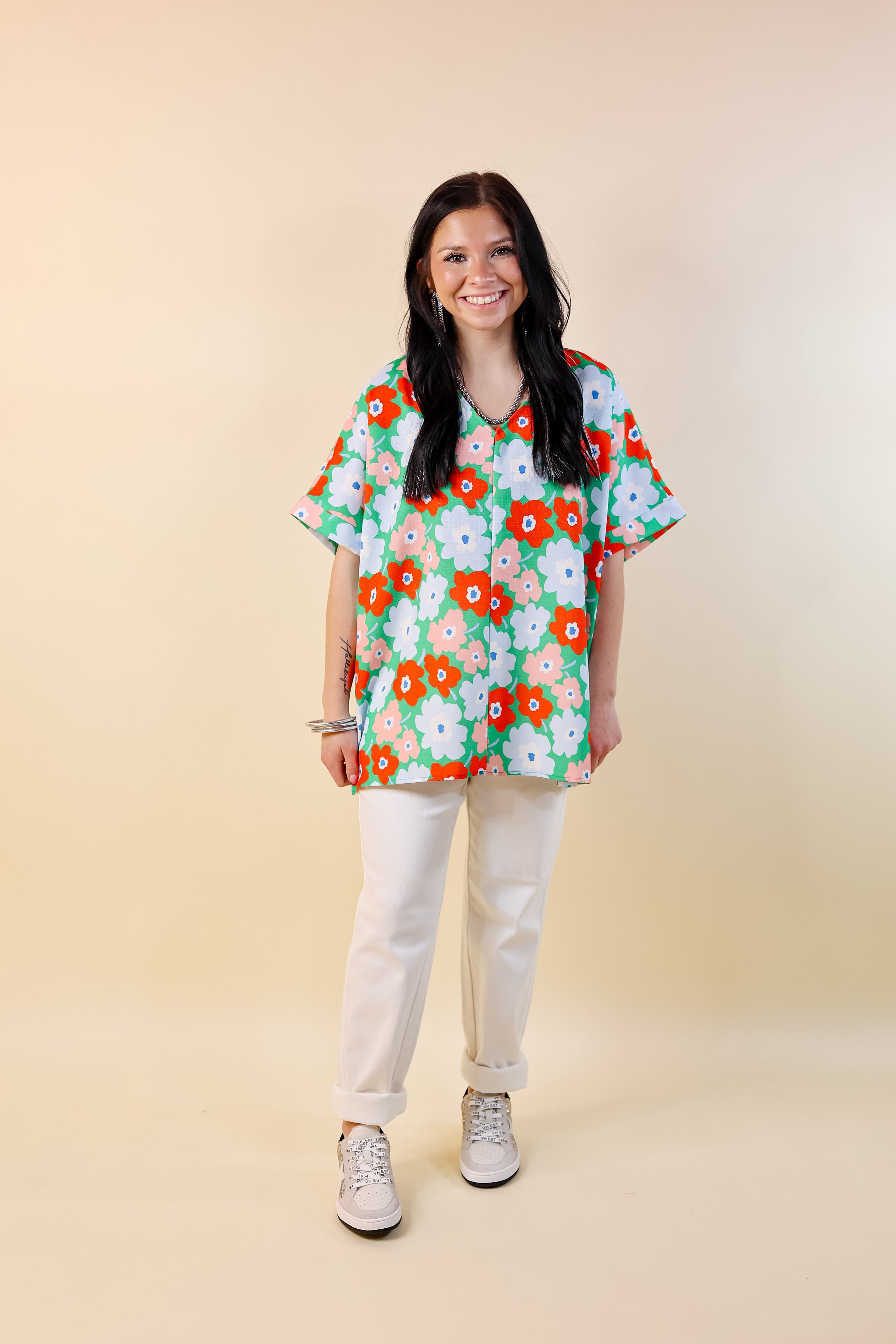 Sunny Refresh Floral V Neck Top in Green Mix - Giddy Up Glamour Boutique
