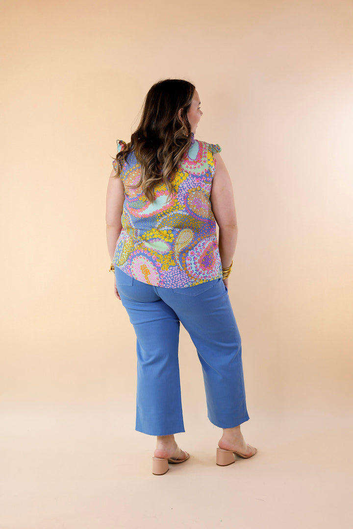 Miracles Everywhere Floral and Paisley Print Blouse with Ruffle Cap Sleeves in Blue Mix - Giddy Up Glamour Boutique