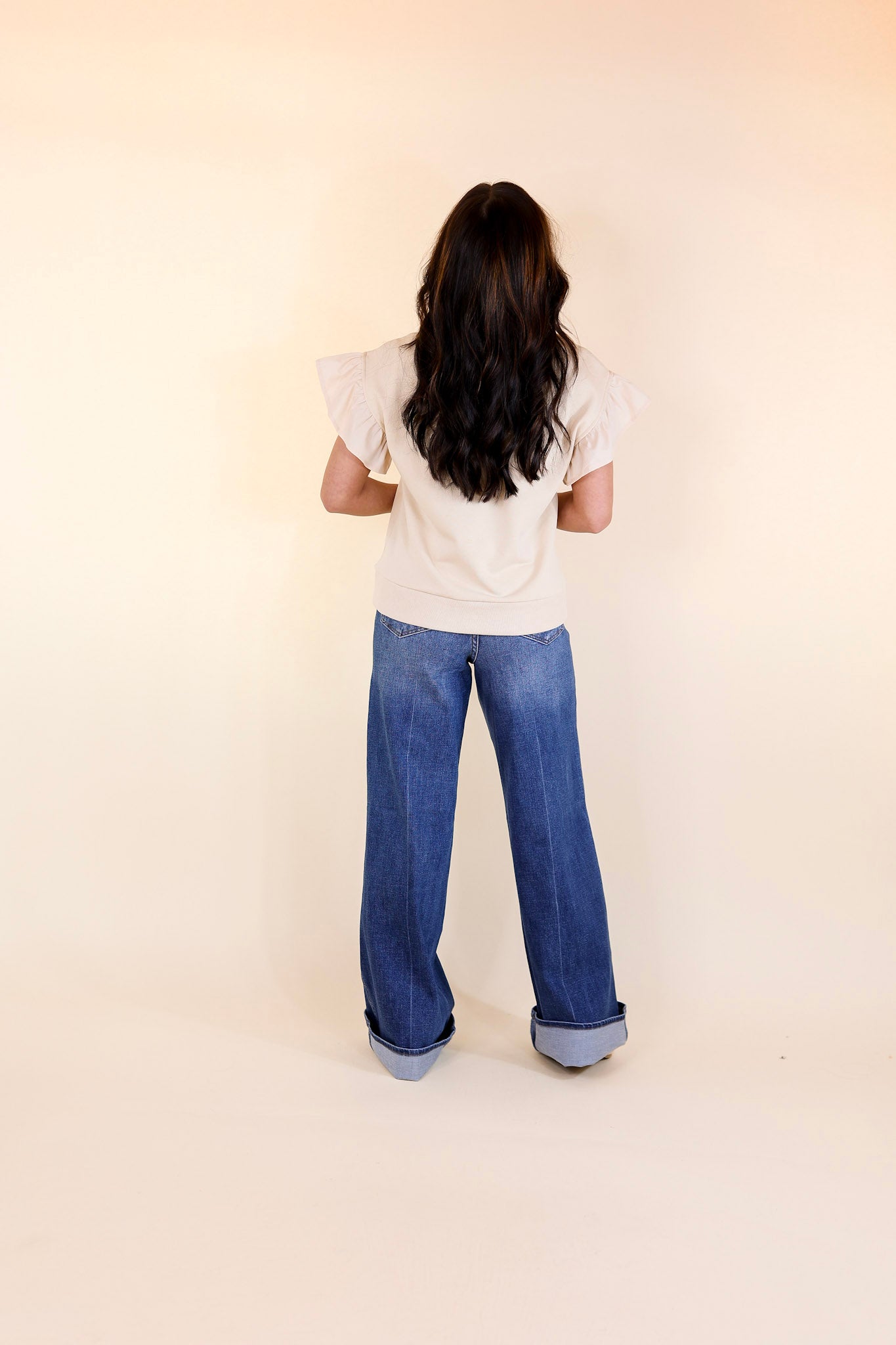 All About the Bow Crewneck Top with Ruffle Cap Sleeves in Cream