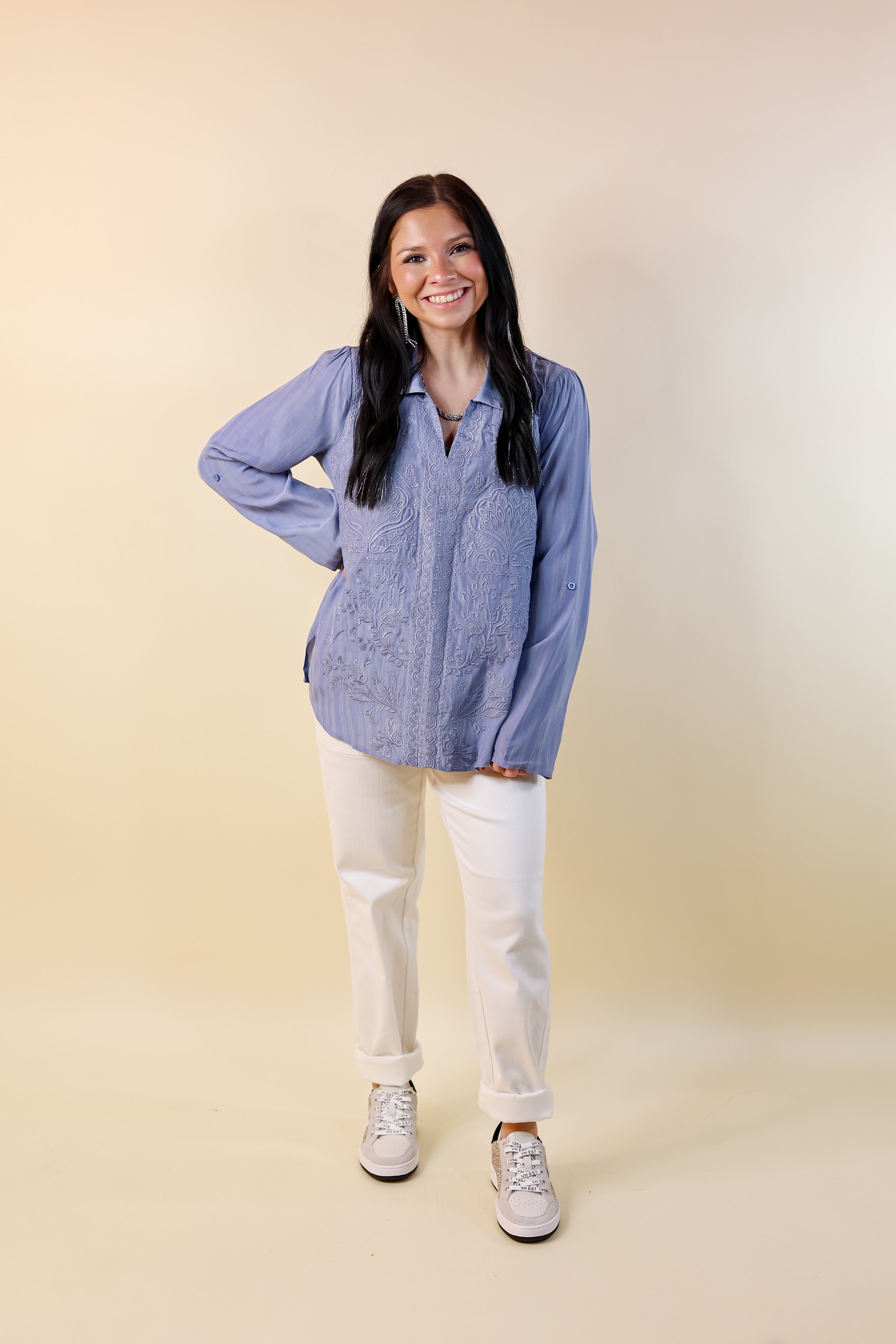 Sunny Garden Embroidered 3/4 Sleeve Top with Collared Neckline in Dusty Blue - Giddy Up Glamour Boutique