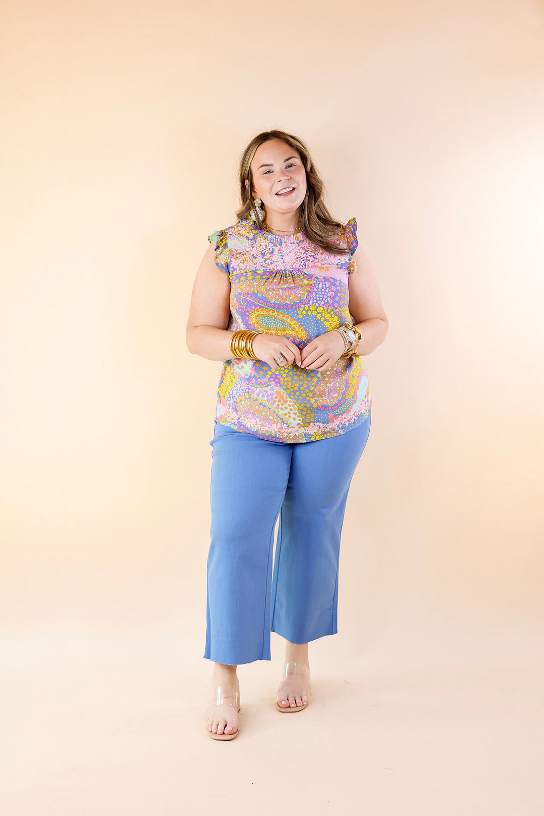 Miracles Everywhere Floral and Paisley Print Blouse with Ruffle Cap Sleeves in Blue Mix - Giddy Up Glamour Boutique