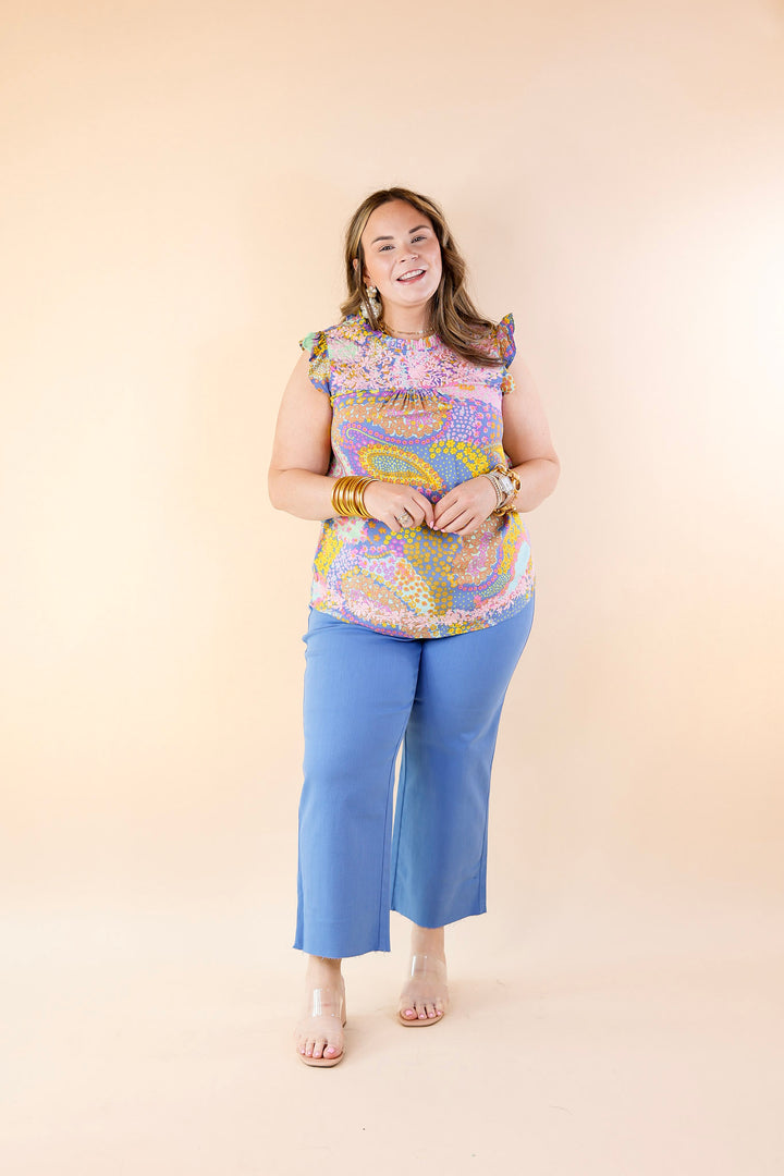Miracles Everywhere Floral and Paisley Print Blouse with Ruffle Cap Sleeves in Blue Mix - Giddy Up Glamour Boutique