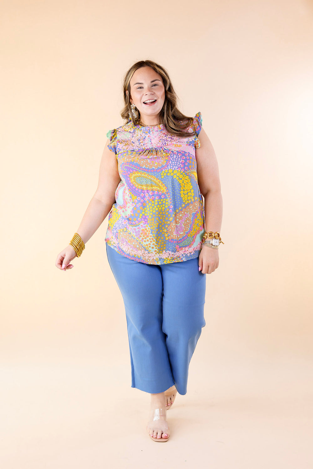 Miracles Everywhere Floral and Paisley Print Blouse with Ruffle Cap Sleeves in Blue Mix - Giddy Up Glamour Boutique