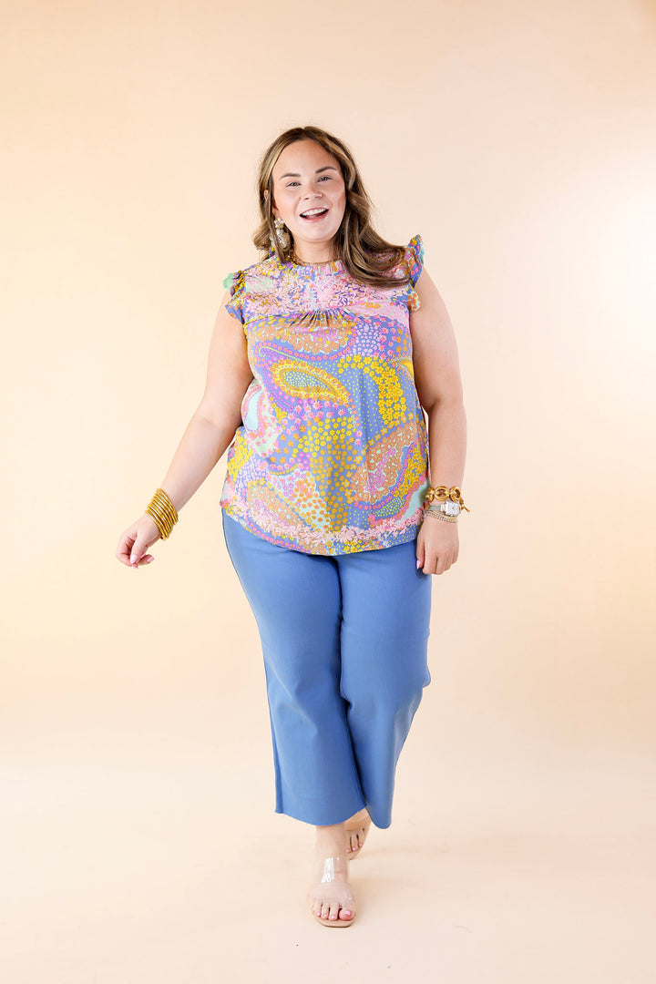 Miracles Everywhere Floral and Paisley Print Blouse with Ruffle Cap Sleeves in Blue Mix - Giddy Up Glamour Boutique