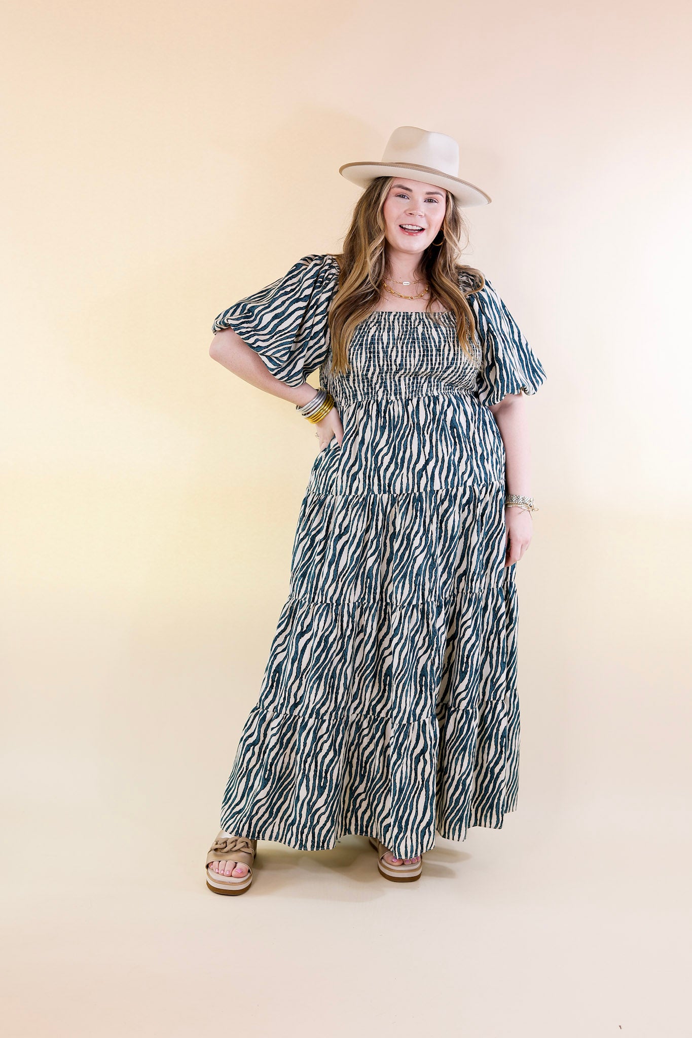 Santorini Sunshine Short Balloon Sleeve Zebra Print Maxi Dress in Teal Blue