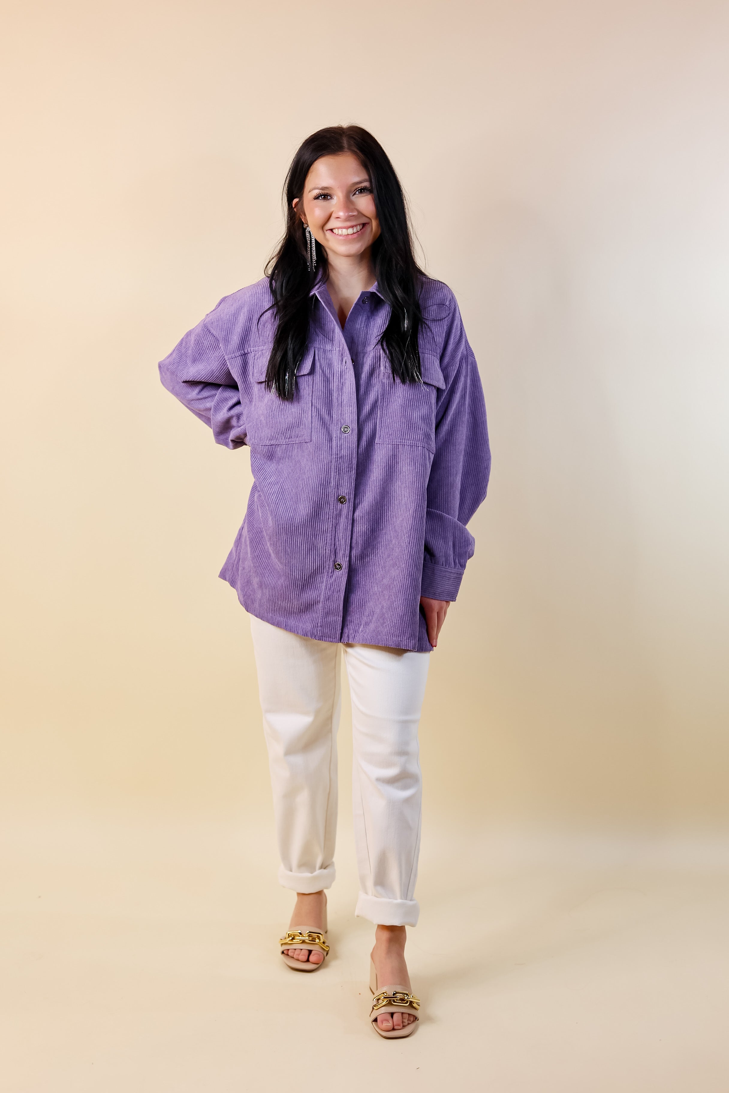 Latte Sips Button Up Corduroy Shacket in Purple Haze - Giddy Up Glamour Boutique