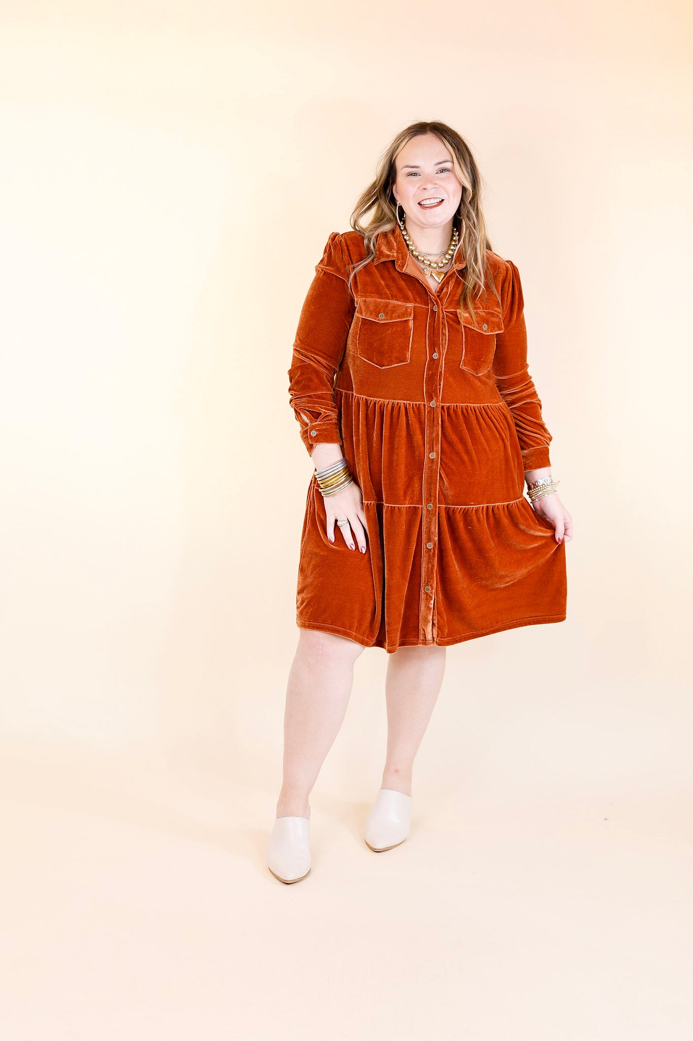 Grateful Gathering Velvet Button Up Dress with Long Sleeves in Burnt Orange