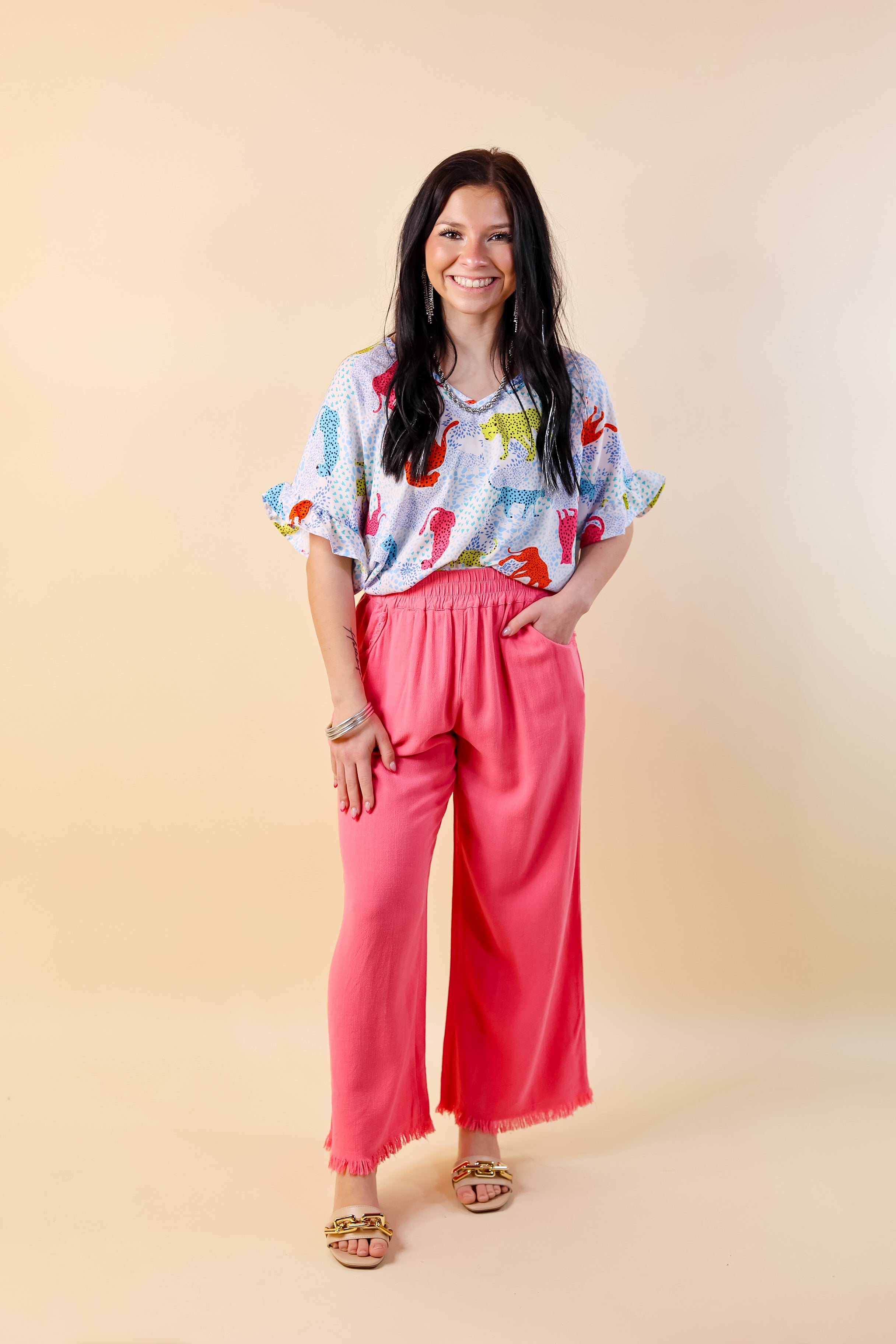 Right On Cue Drawstring Cropped Pants with Frayed Hem in Pink - Giddy Up Glamour Boutique