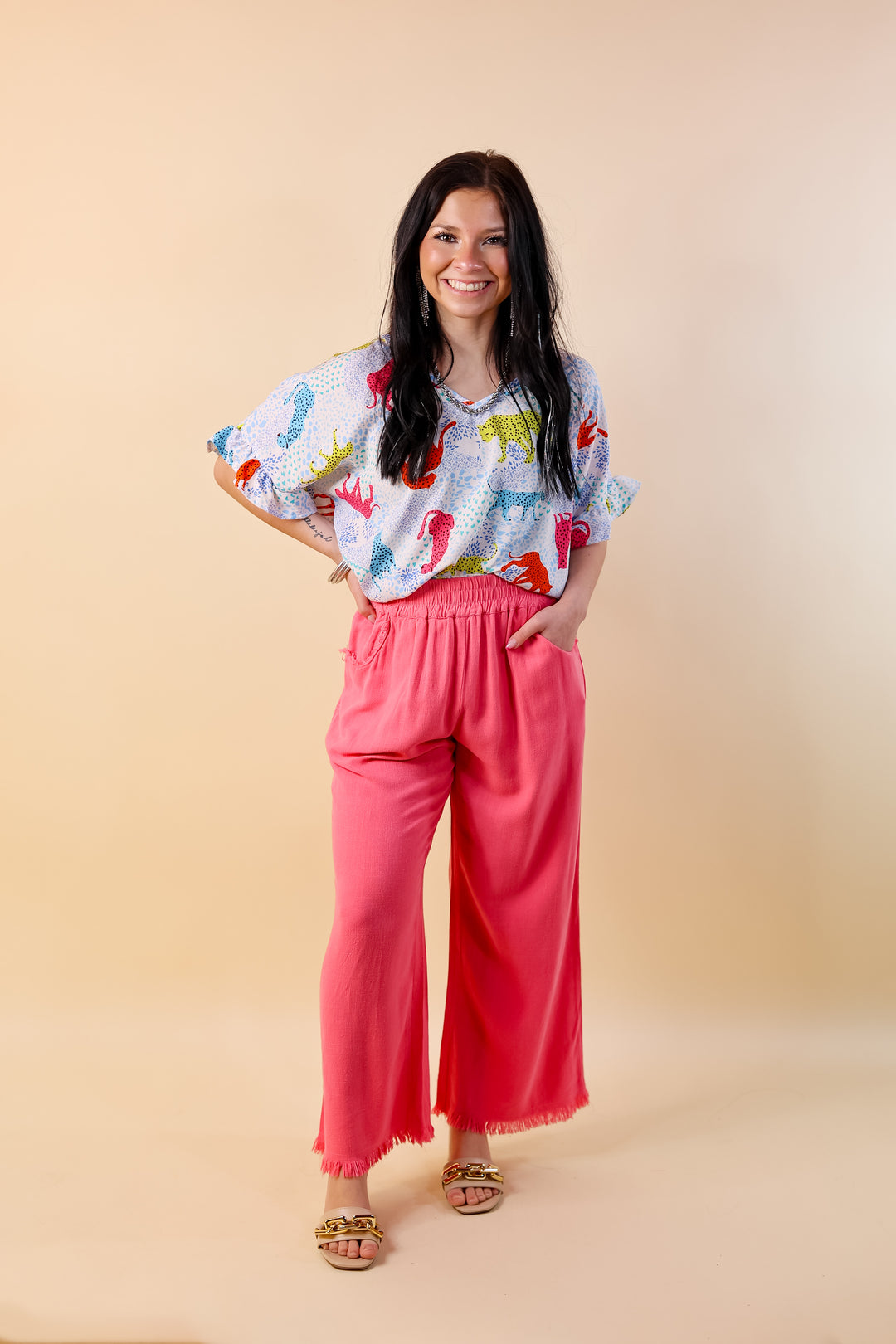 Best Version Cheetah Print V Neck Top with Ruffle Short Sleeves in Blue Mix - Giddy Up Glamour Boutique