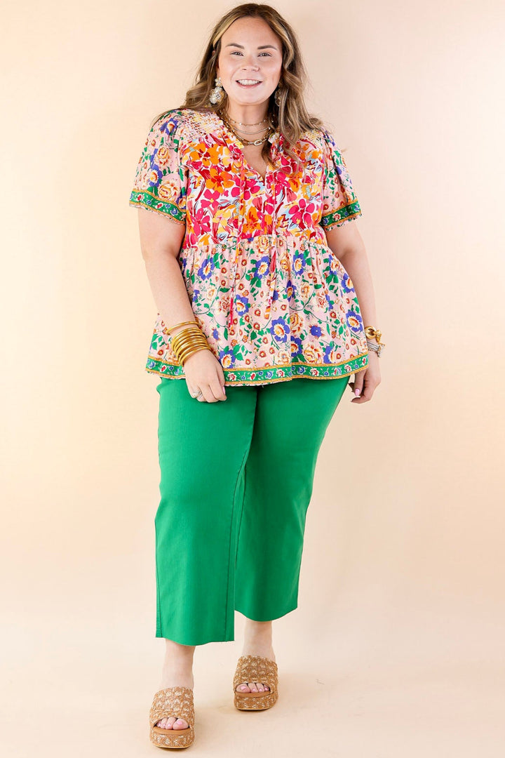 Tulip Fields Floral Print Babydoll Top in Pink Mix - Giddy Up Glamour Boutique