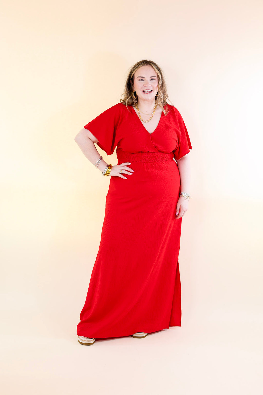 Last Chance Size Small | Wildly In Love V Neck Maxi Dress with Smocked Waist in Red