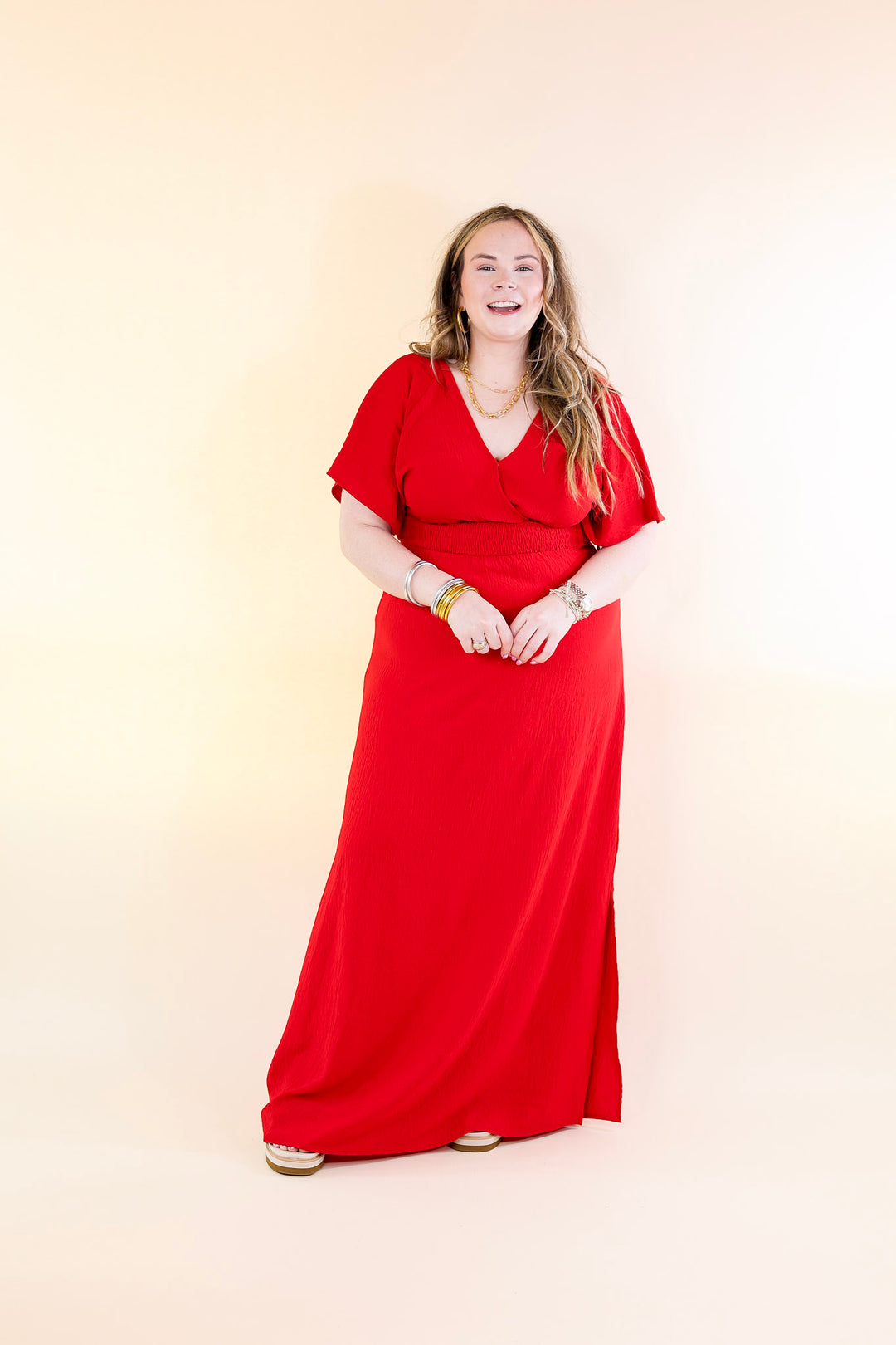 Last Chance Size Small | Wildly In Love V Neck Maxi Dress with Smocked Waist in Red