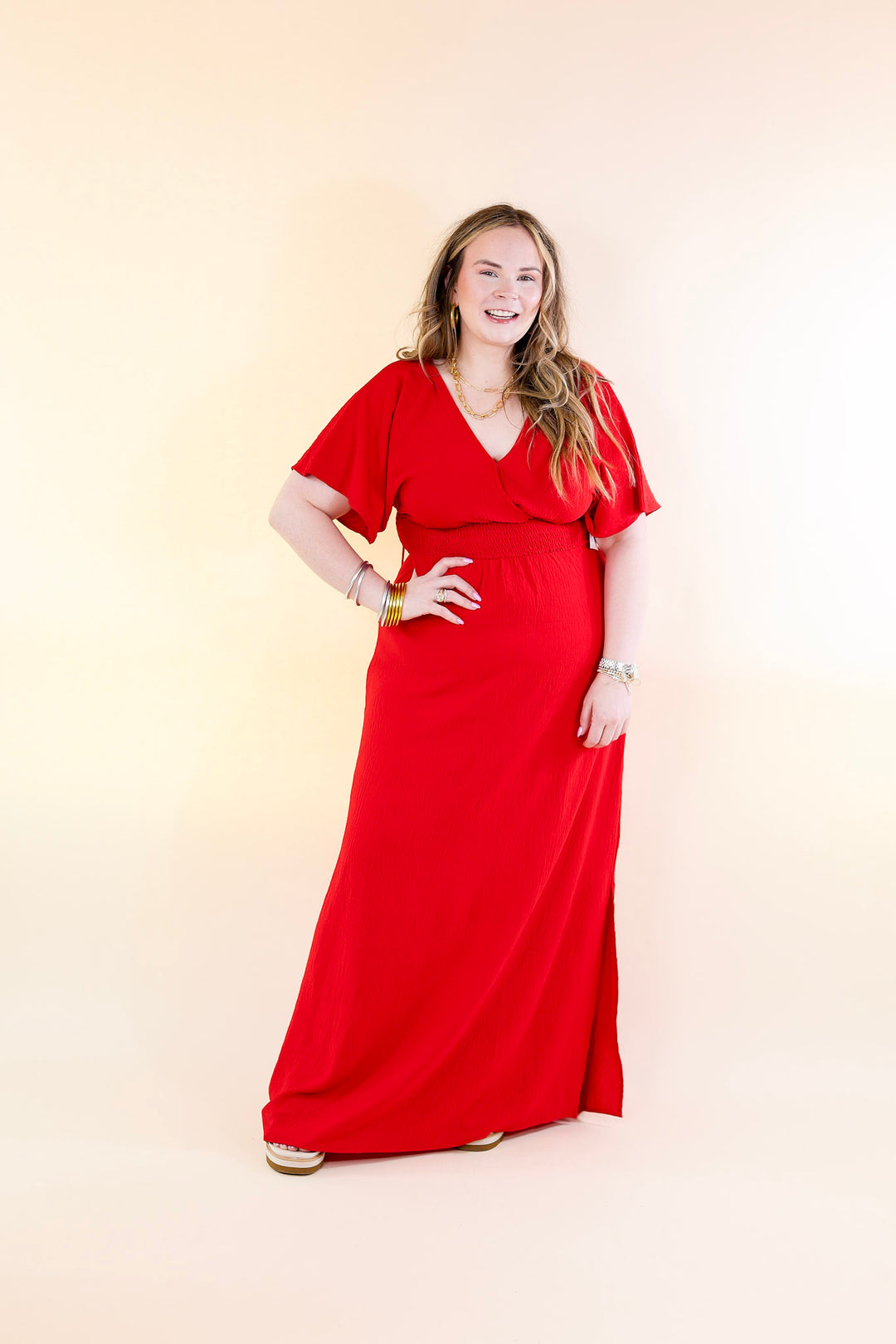 Last Chance Size Small | Wildly In Love V Neck Maxi Dress with Smocked Waist in Red