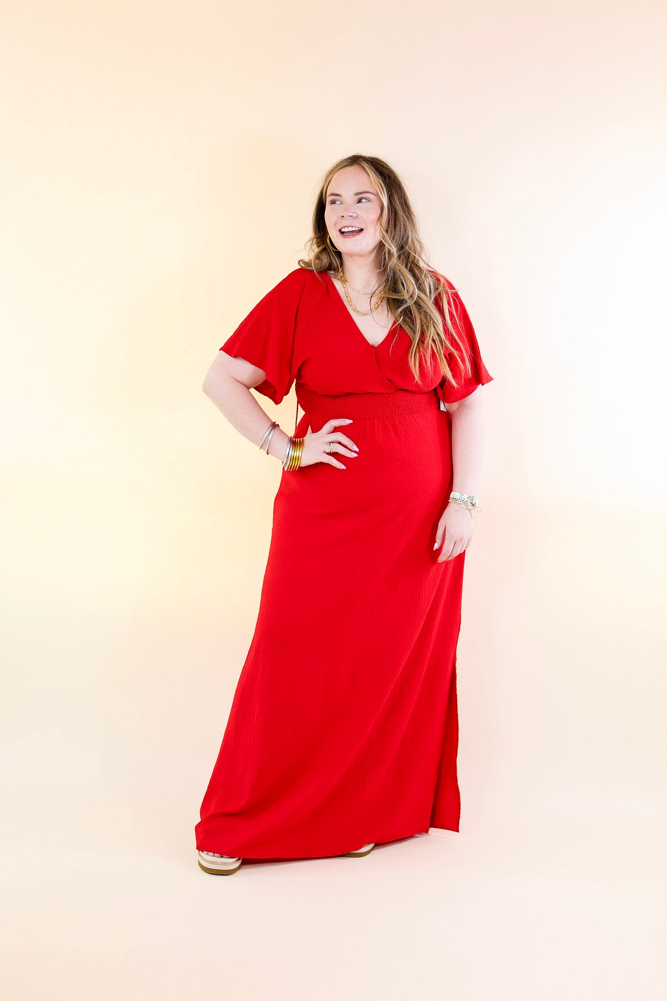 Wildly In Love V Neck Maxi Dress with Smocked Waist in Red