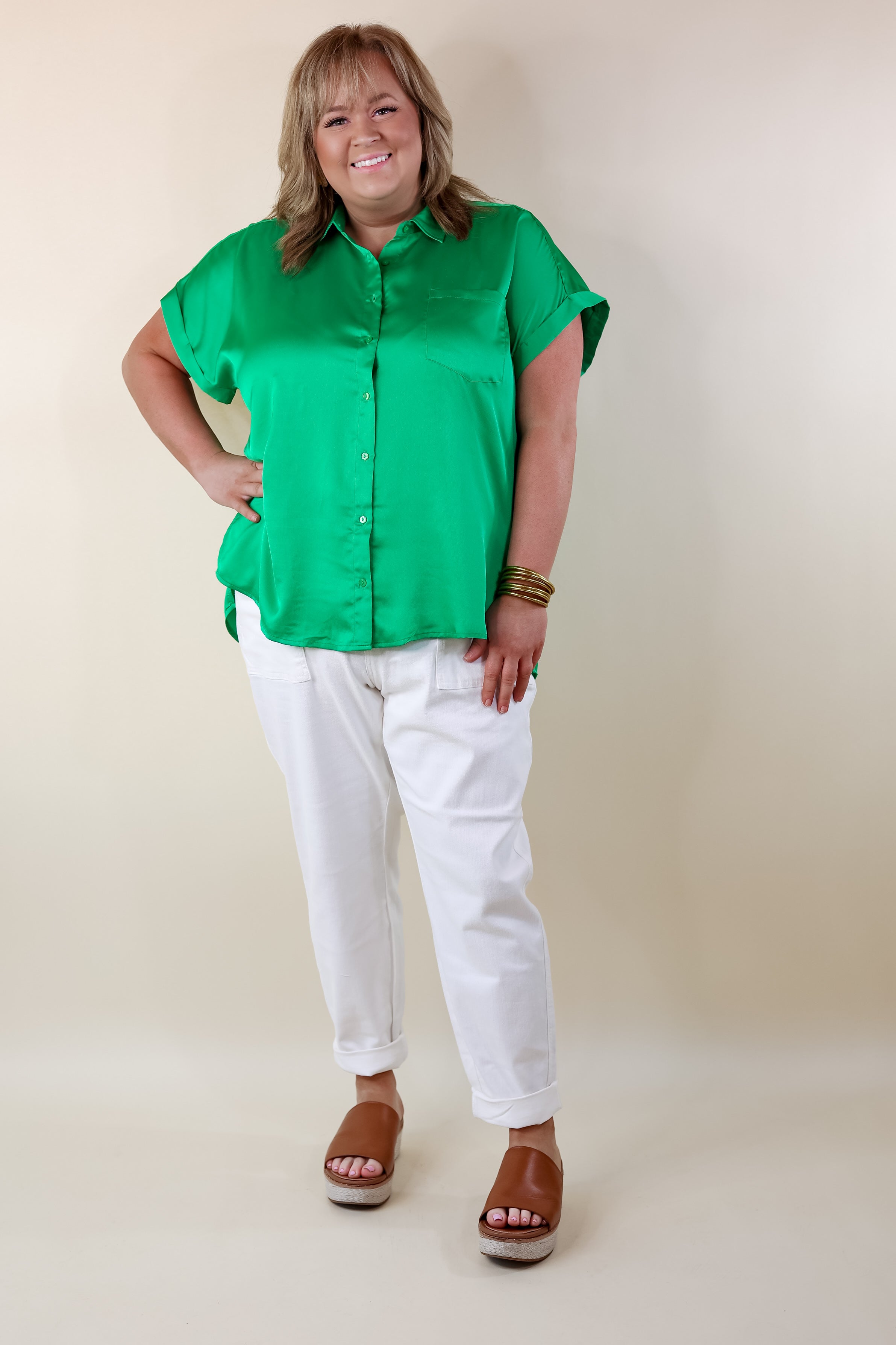 Free To Be Fab Button Up Short Sleeve Top in Green - Giddy Up Glamour Boutique