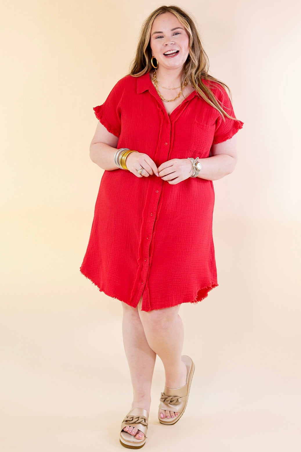 Spring Glow Button Up Raw Hem Dress in Red