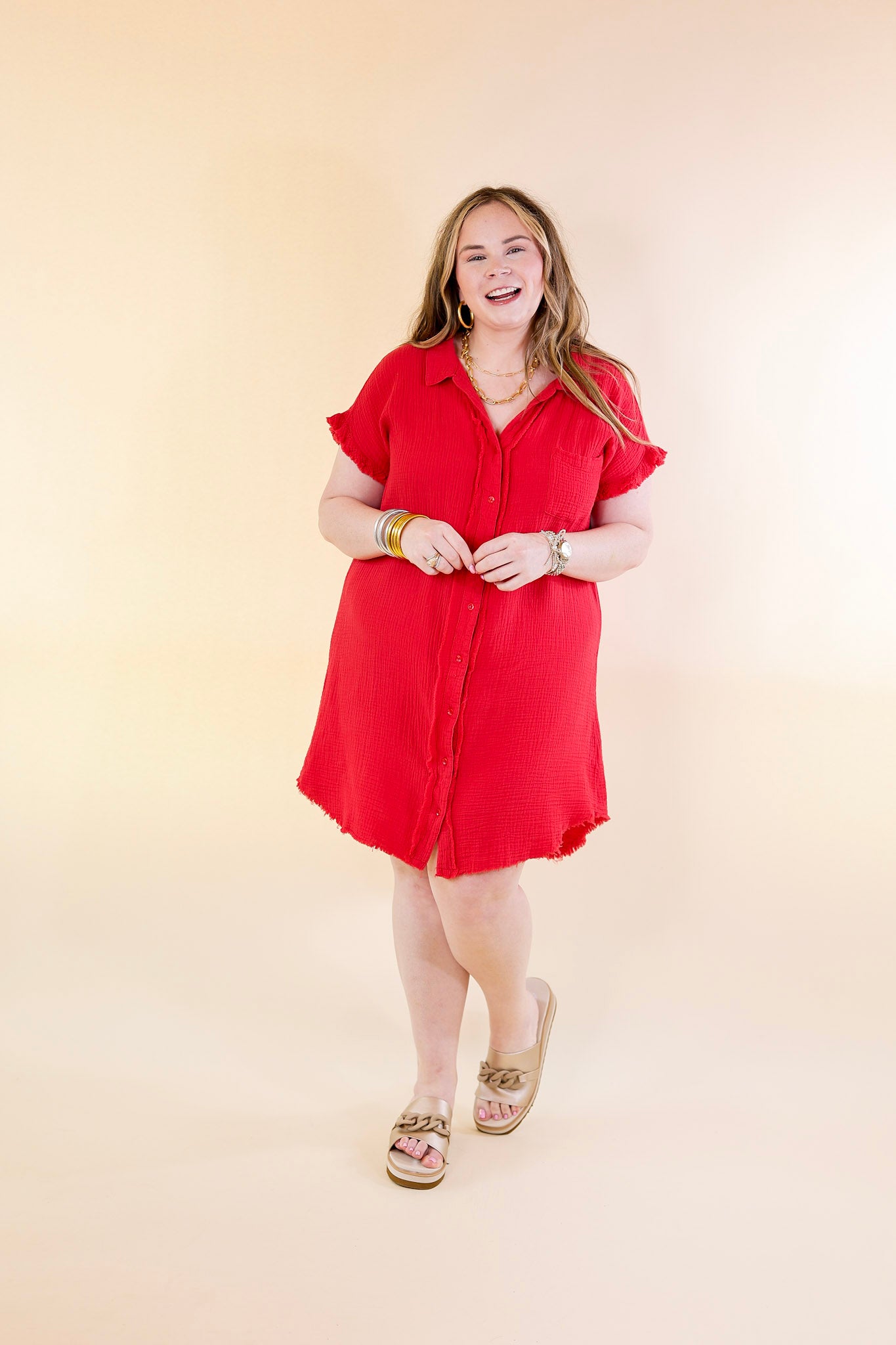 Spring Glow Button Up Raw Hem Dress in Red