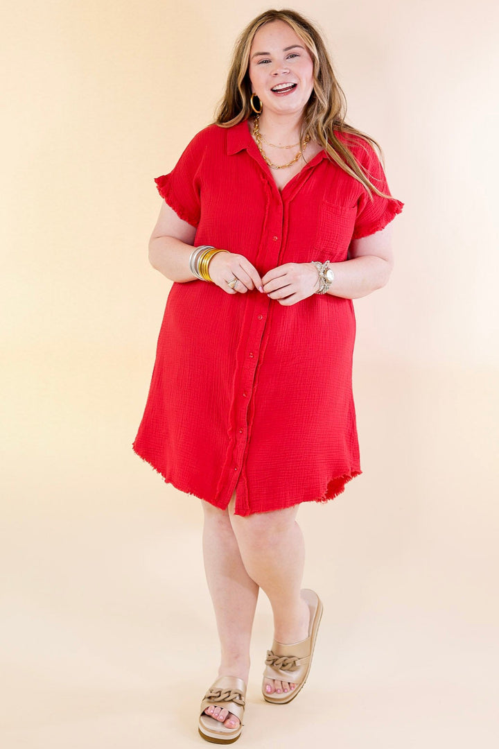 Spring Glow Button Up Raw Hem Dress in Red